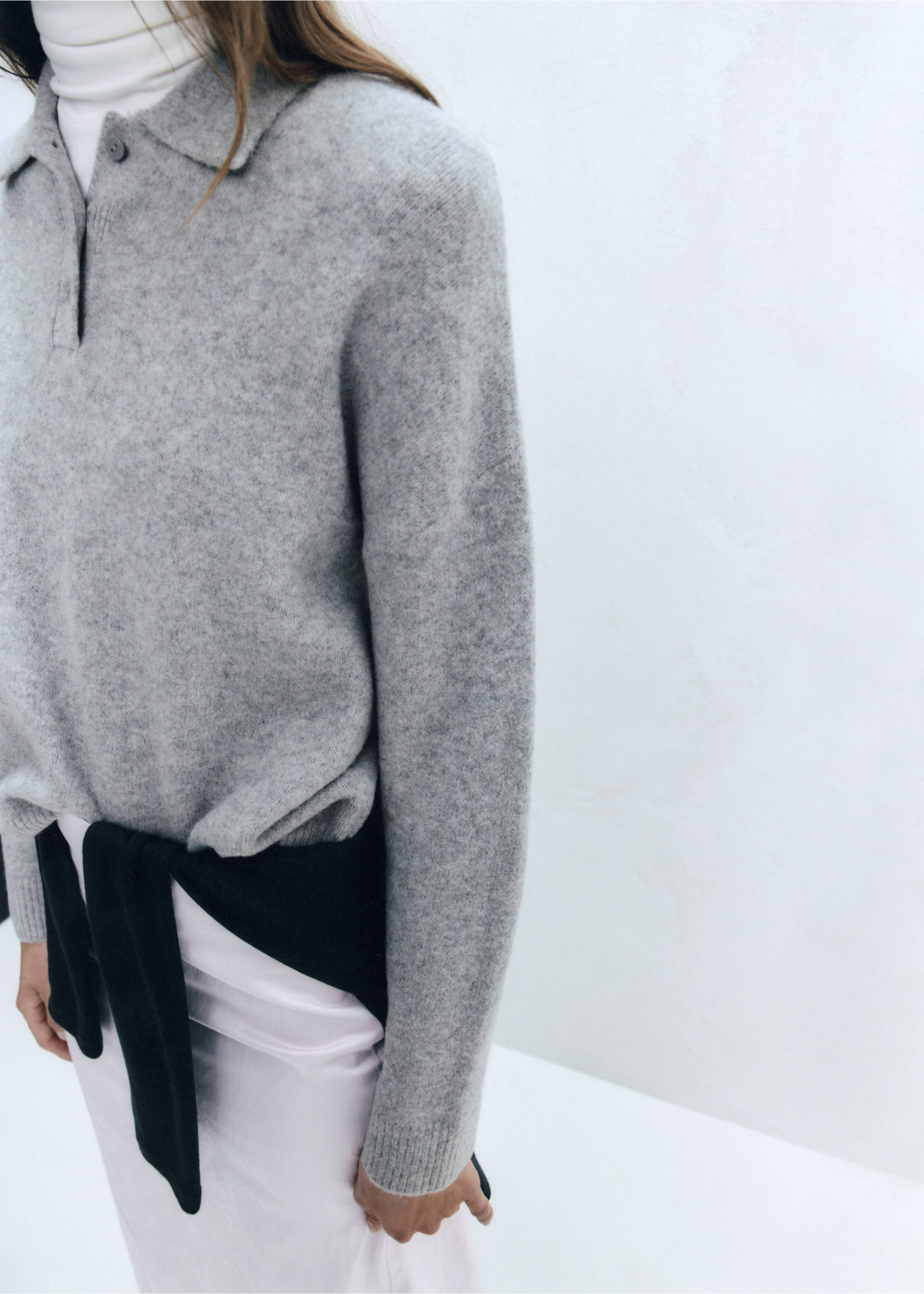 Grey melange knit polo sweater with a collar., Grey. Ref: 37017782-00.