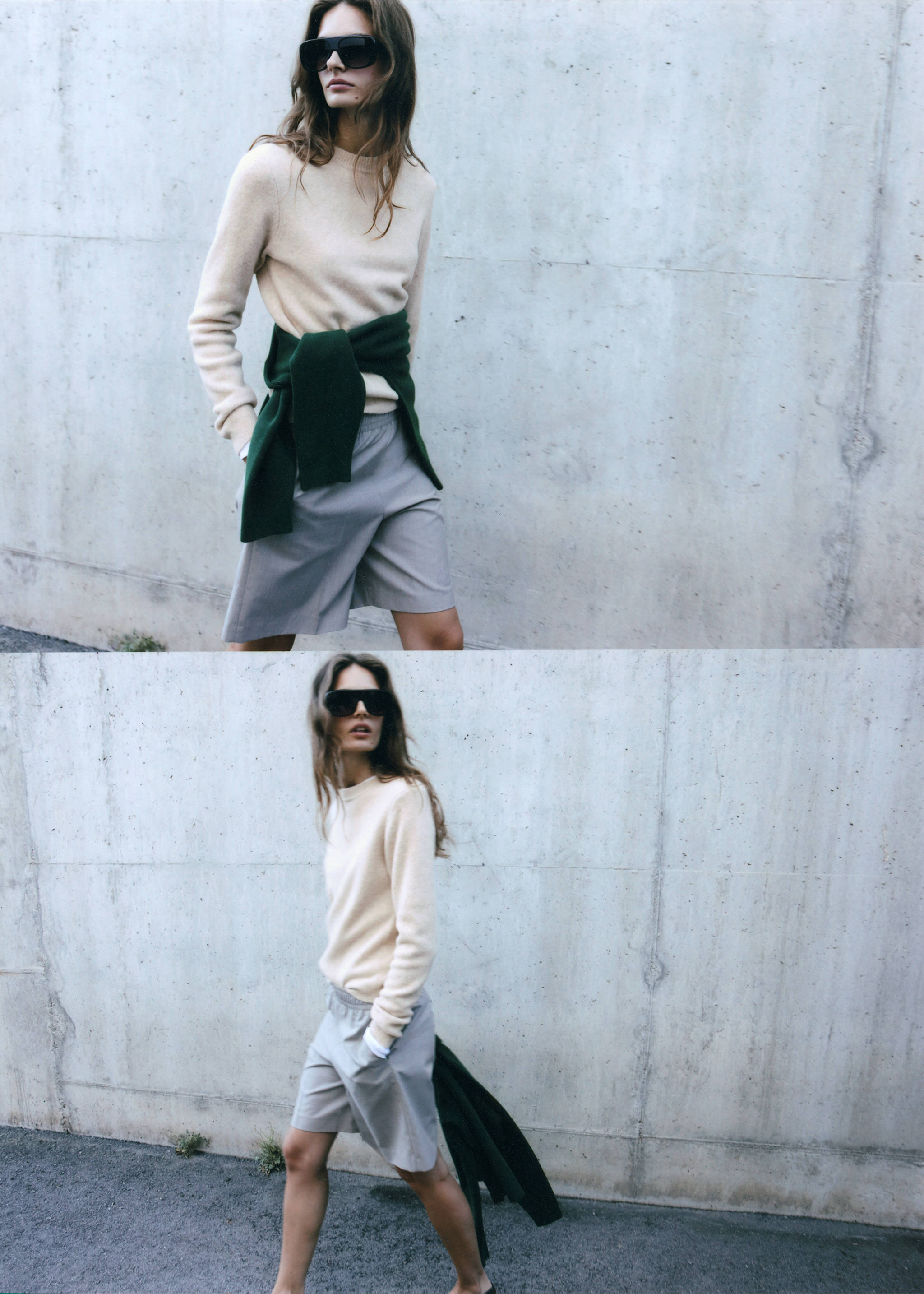 Cream round-neck jumper worn with grey shorts and a green jumper tied at the waist., Light/Pastel Grey. Ref: 37017783-00.