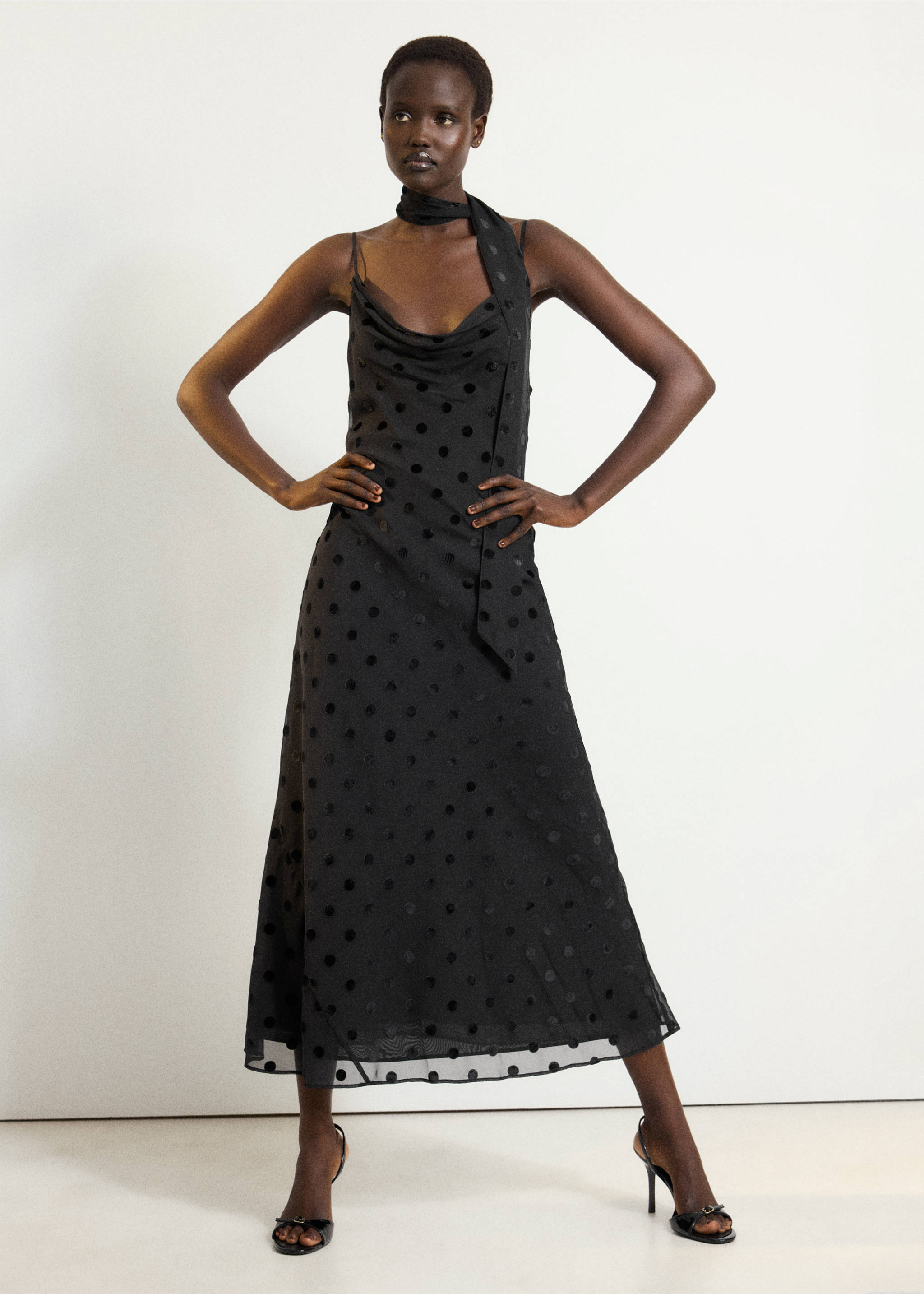 Black polka dot midi dress with cowl neck and matching scarf., Black. Ref: 37017785-00.