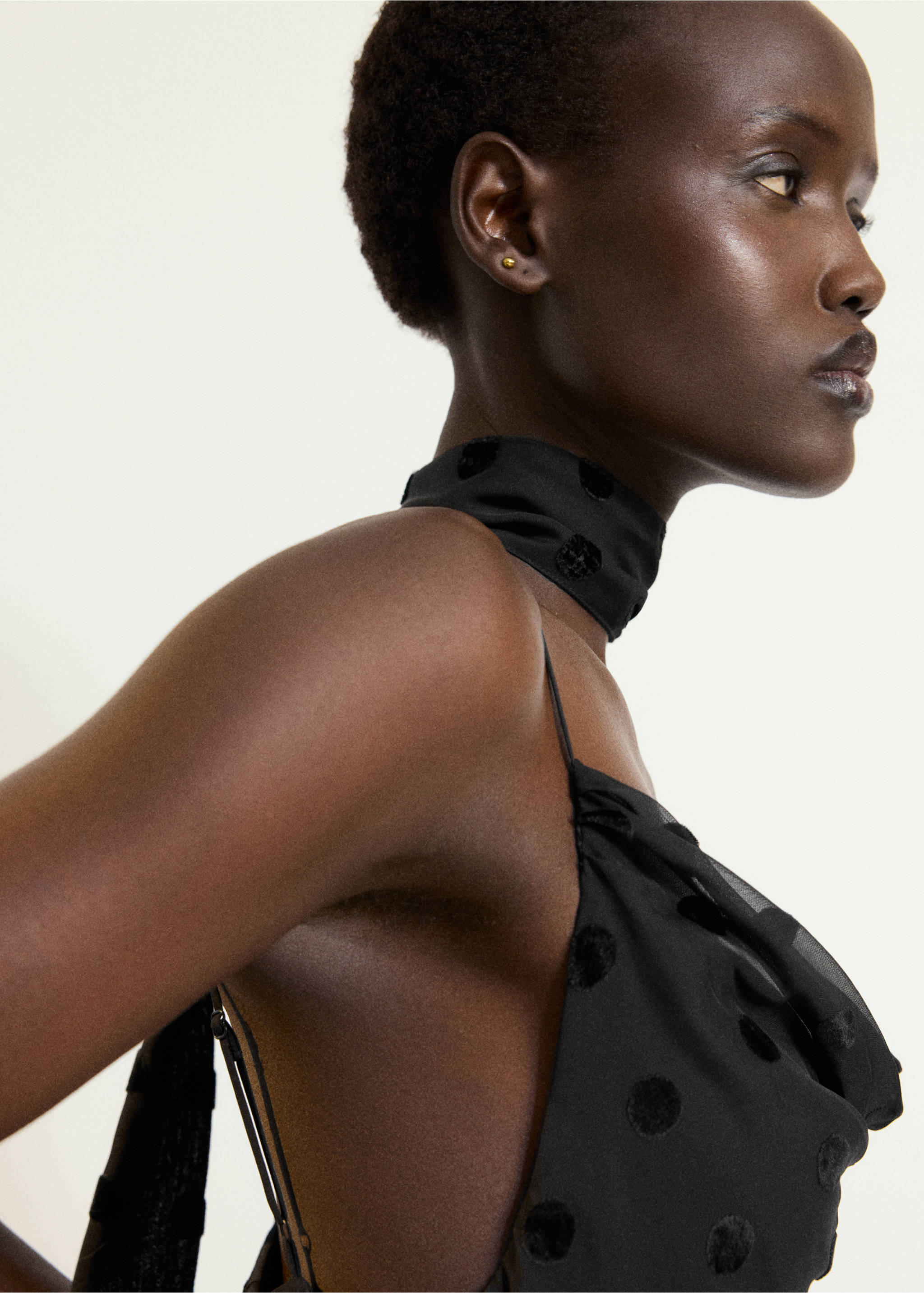 Black polka dot dress with matching scarf detail, Black. Ref: 37017785-00.