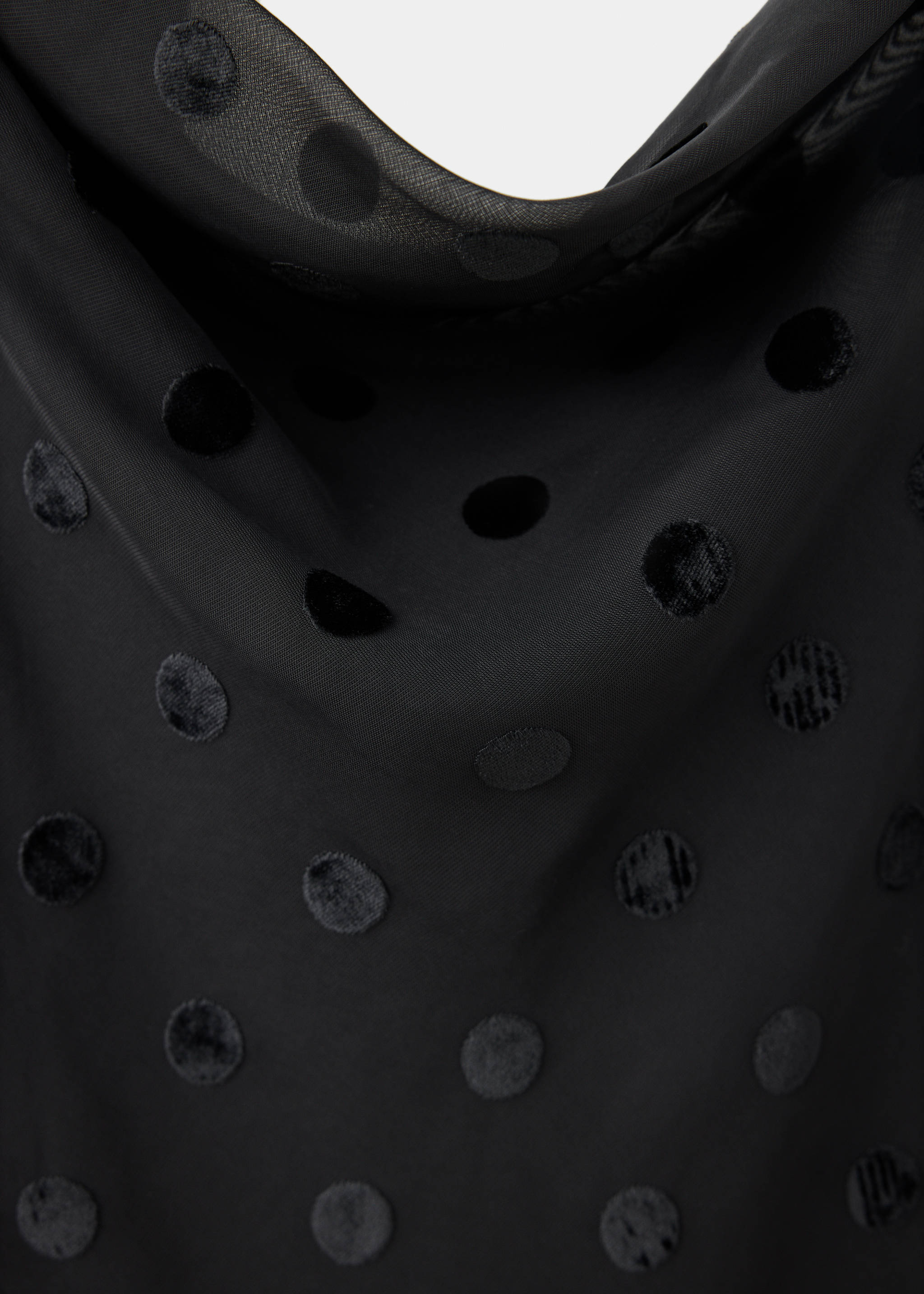 Close-up of a black dress with a cowl neck and velvet polka dot pattern.