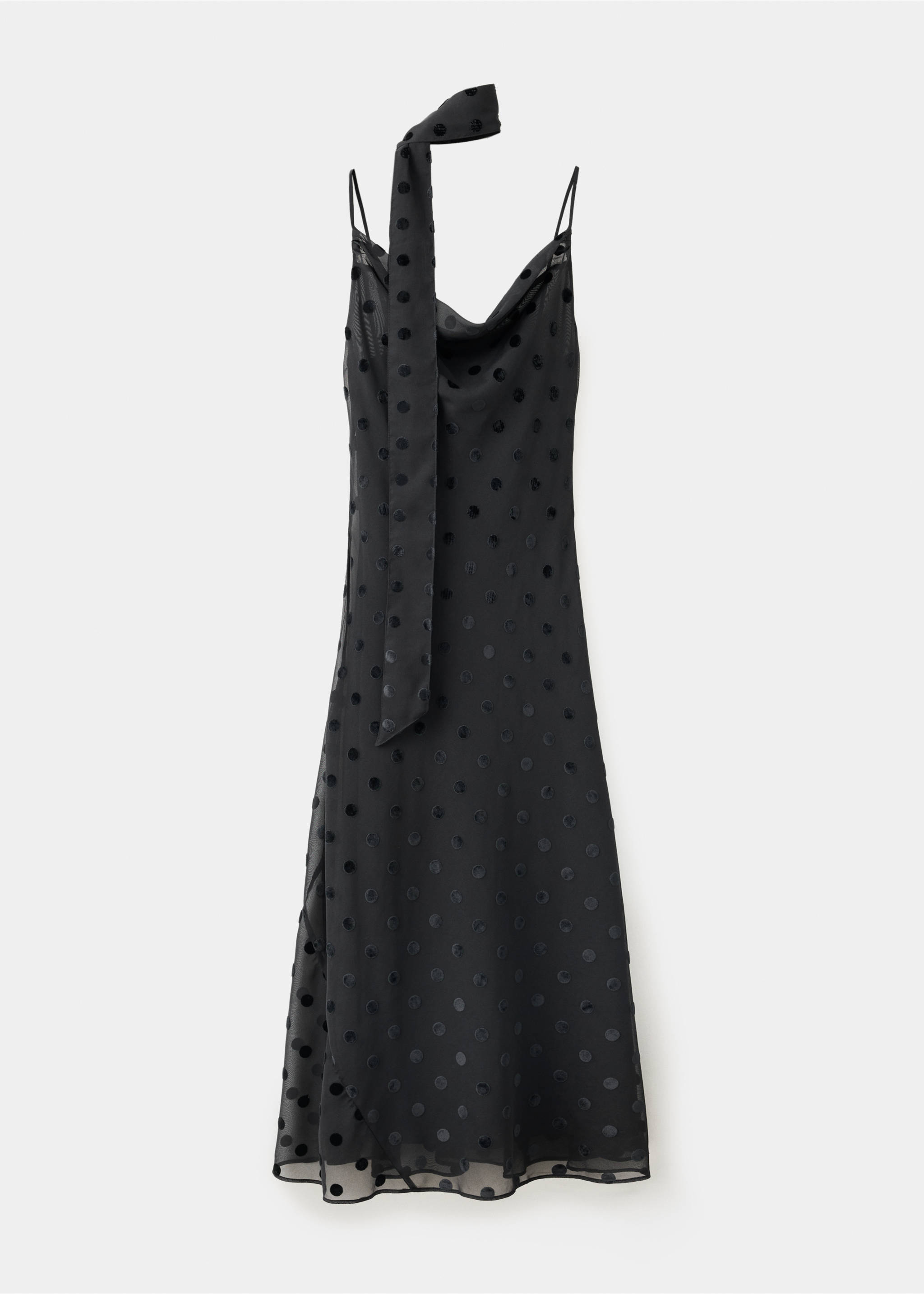 Black sheer polka-dot slip dress with cowl neck and scarf., Black. Ref: 37017785-00.