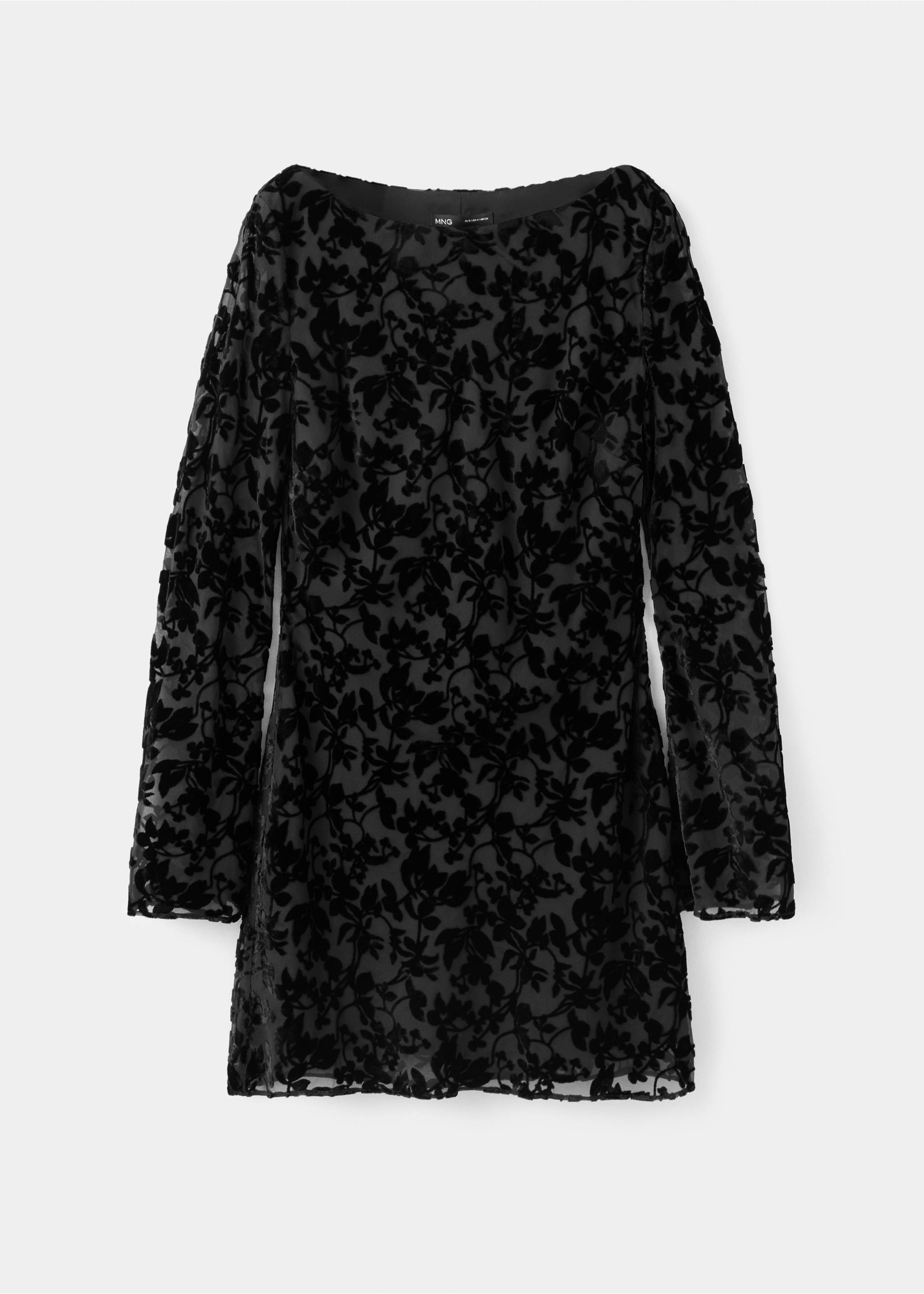 Black velvet burnout floral dress with a boat neck and long sleeves., Black. Ref: 37017786-00.