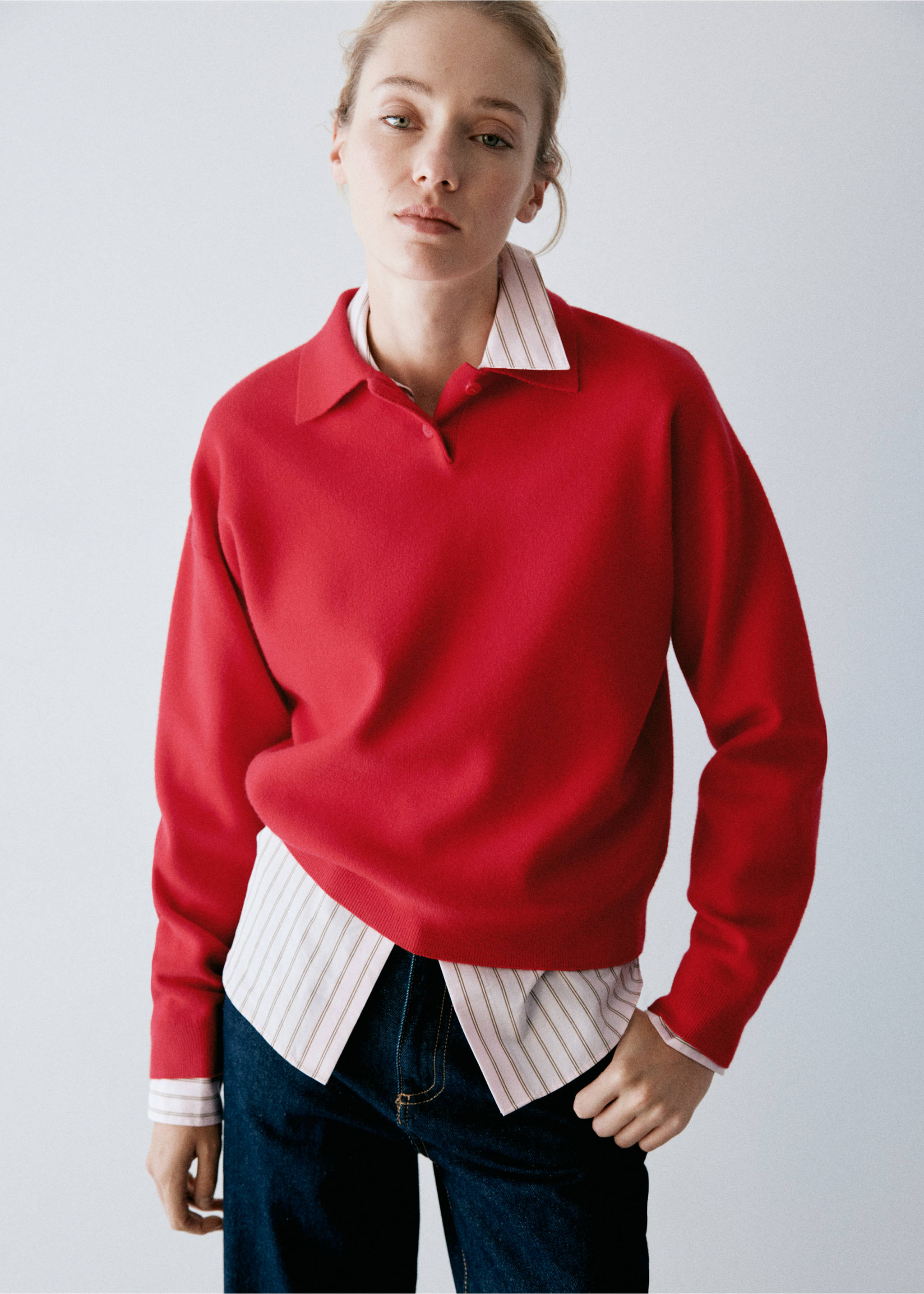 Pull-over maille col polo - Plan moyen, Rouge. Ref: 37017787-00.