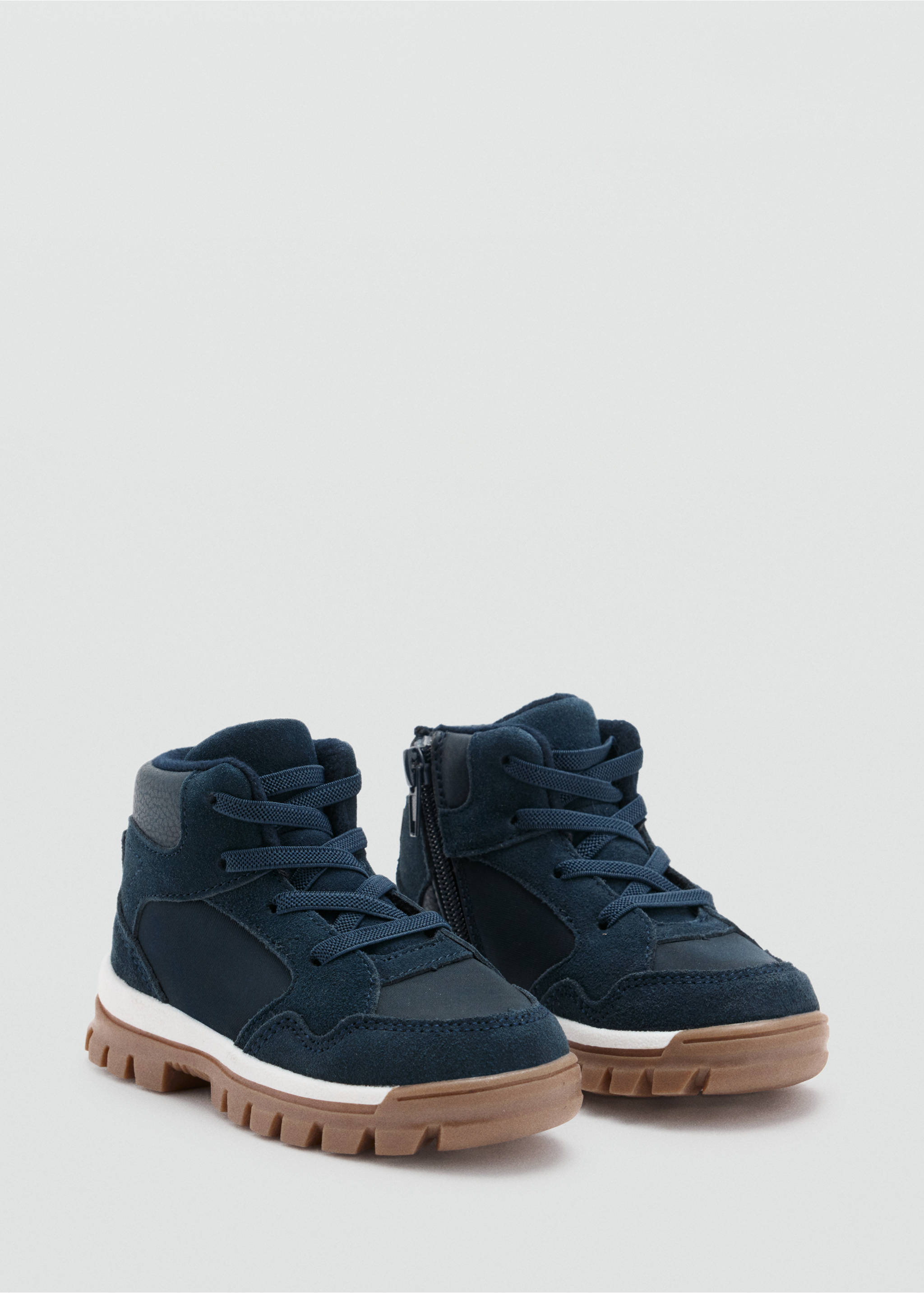Navy blue children's high-top boots with side zips and lugged soles., Navy. Ref: 37017788-00.