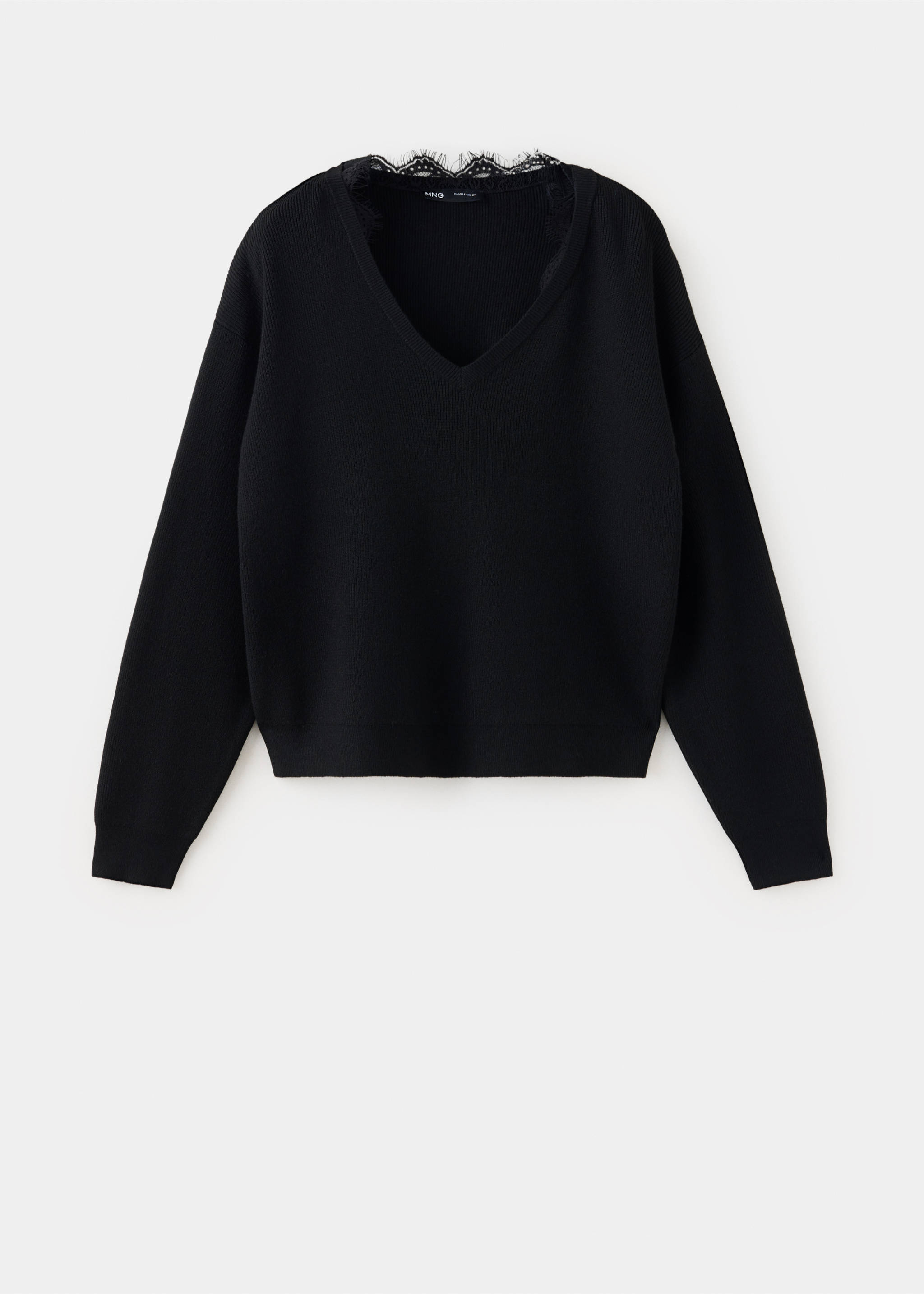 Black V-neck jersey with long sleeves and lace back trim., Black. Ref: 37017790-00.