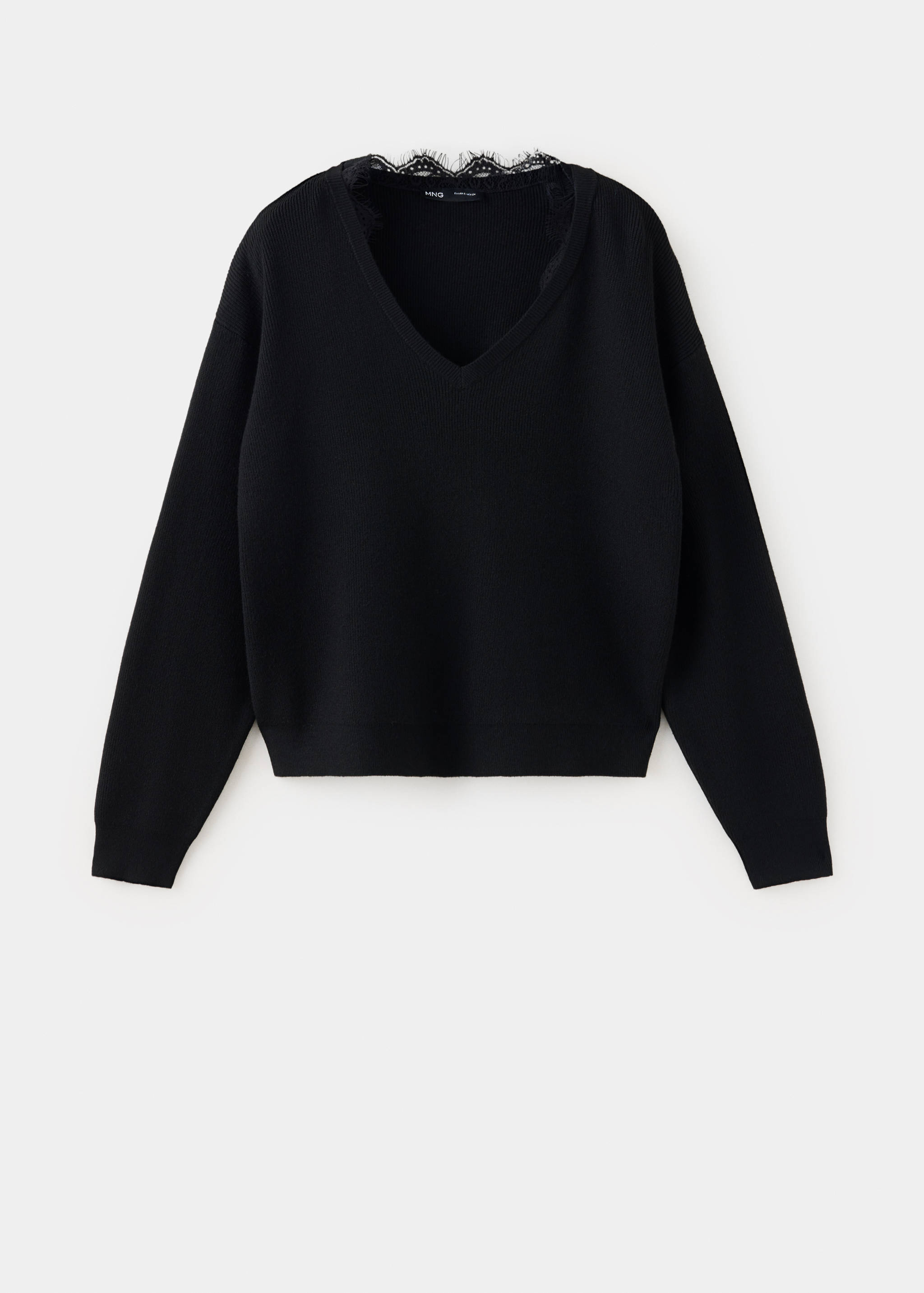Black V-neck jersey with long sleeves and lace back trim.