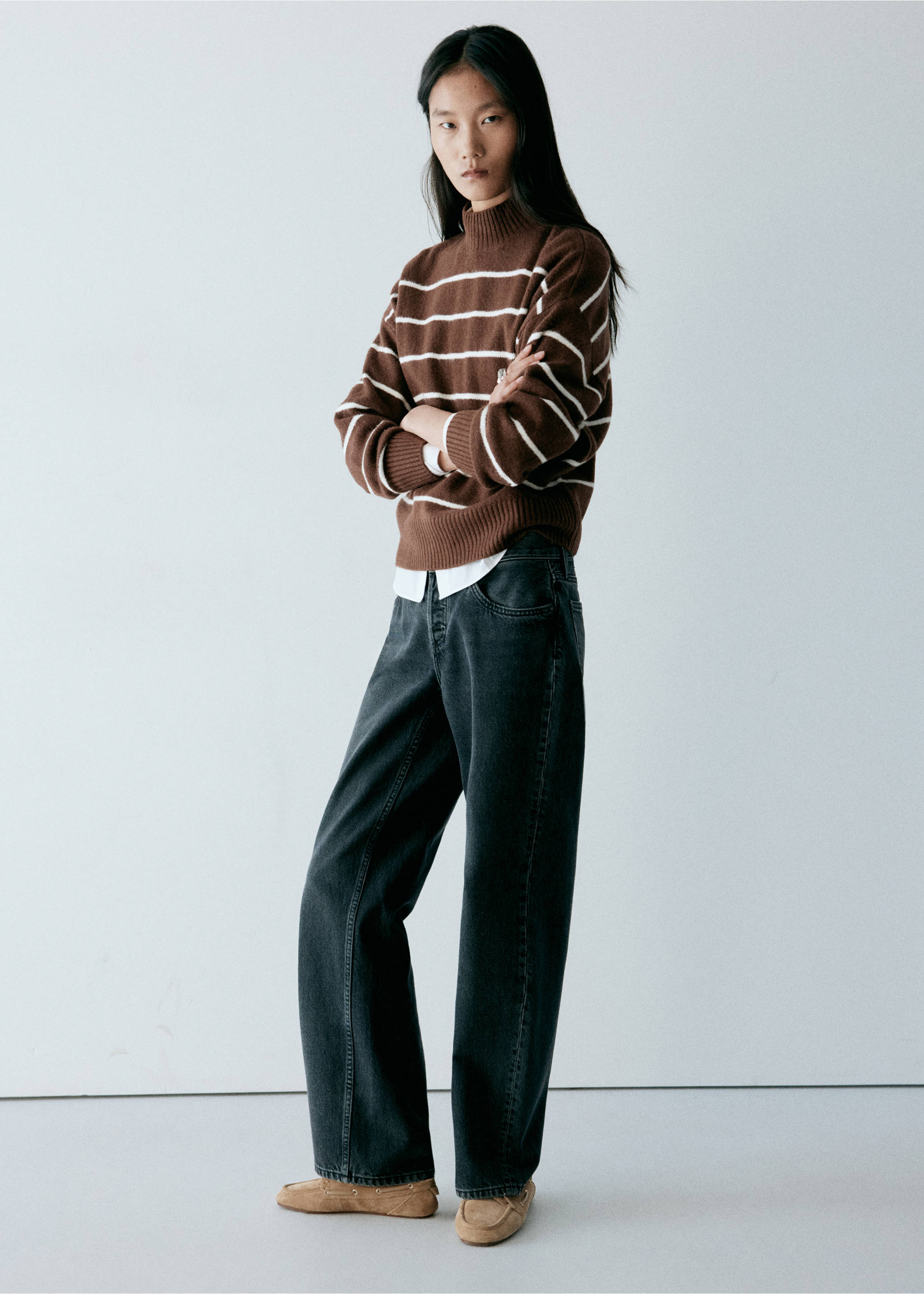 Striped sweater with perkins neck - General plane, Brown. Ref: 37017792-00.
