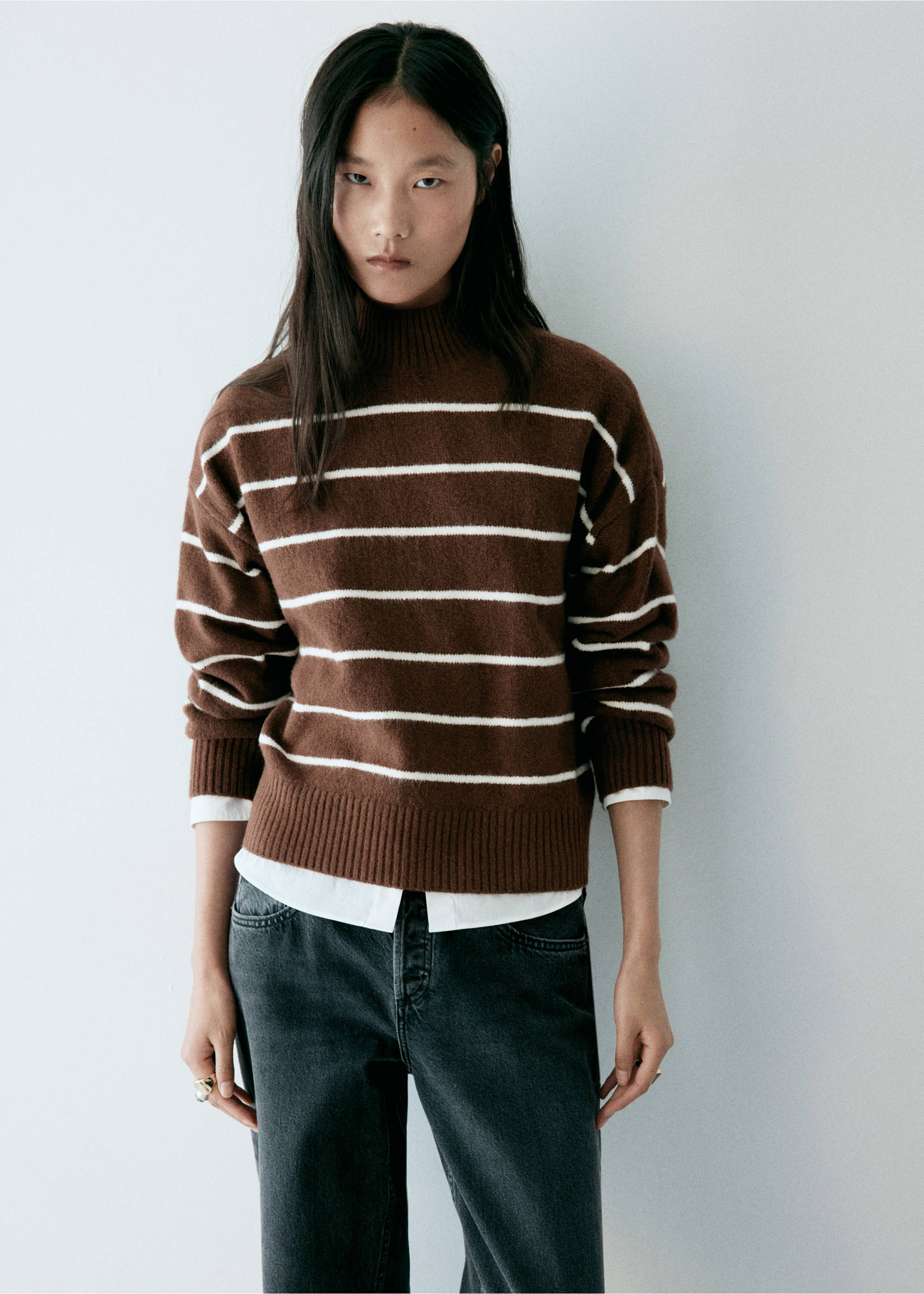 Striped sweater with perkins neck - Medium plane, Brown. Ref: 37017792-00.