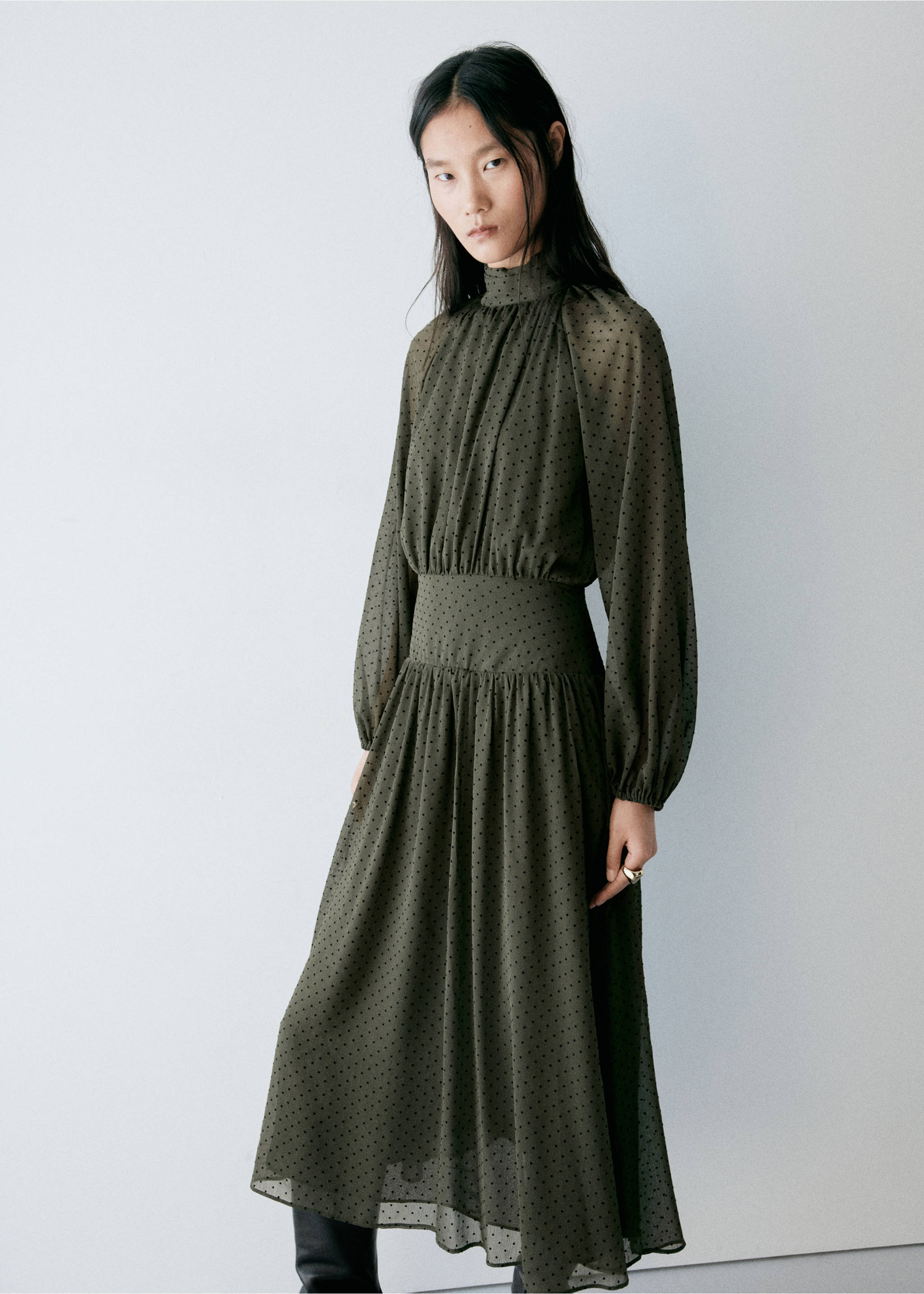 Polka dot dress with ruched panel - Medium plane, Khaki. Ref: 37017796-00.