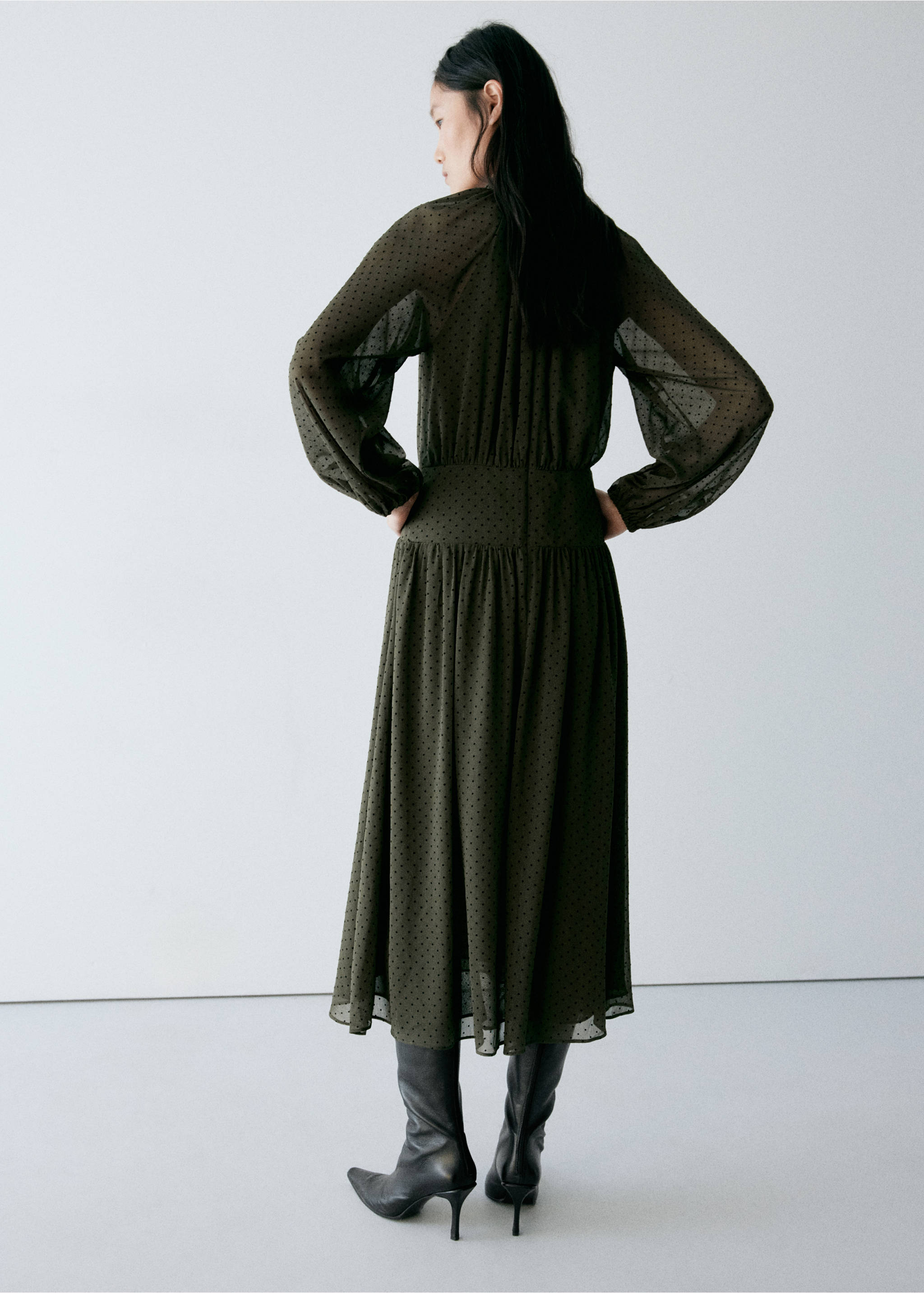 Polka dot dress with ruched panel - Reverse of the article, Khaki. Ref: 37017796-00.