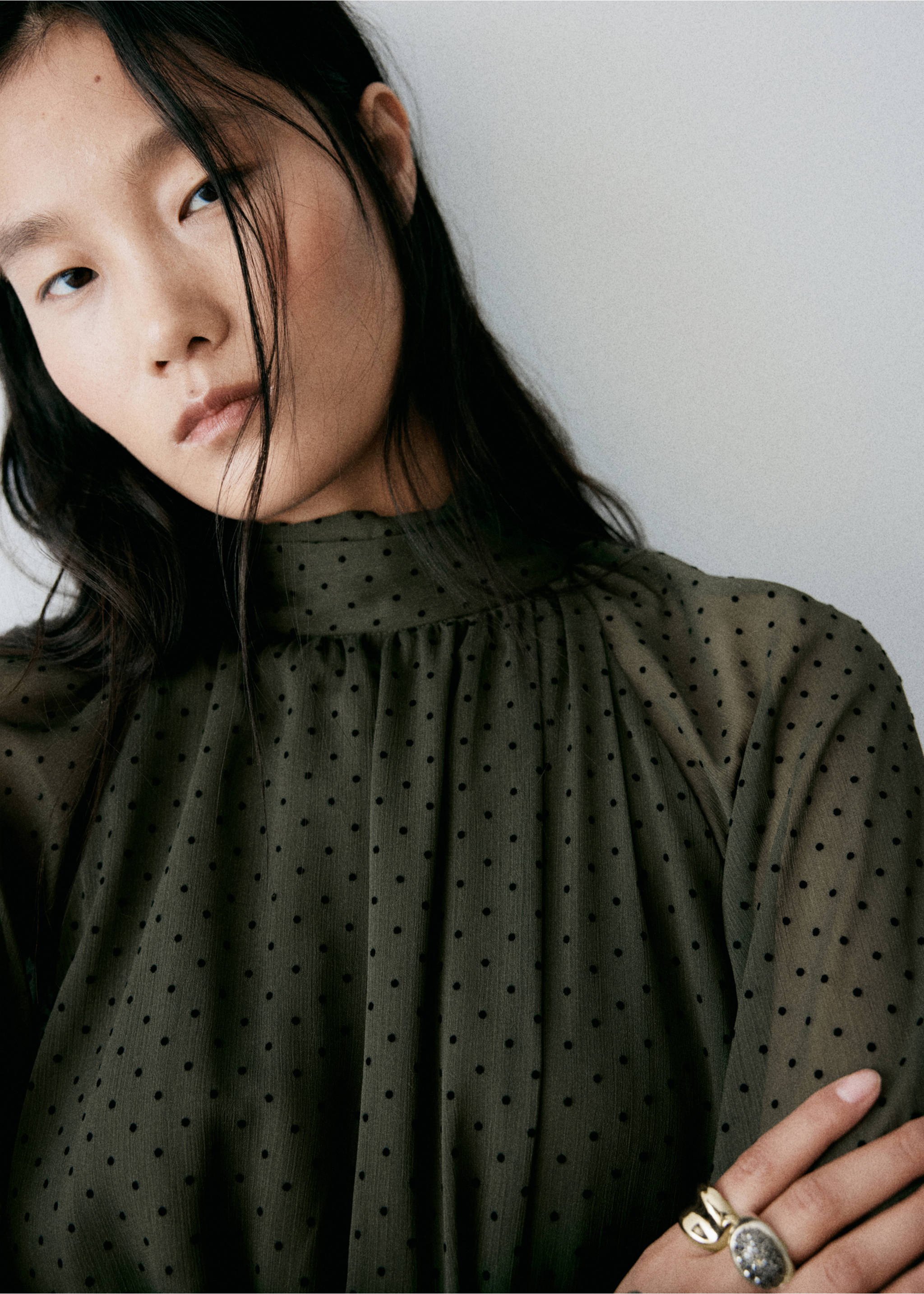 Polka dot dress with ruched panel - Details of the article 1, Khaki. Ref: 37017796-00.