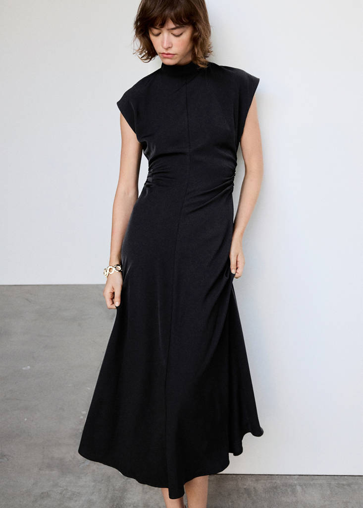 Gathered funnel neck dress — Black