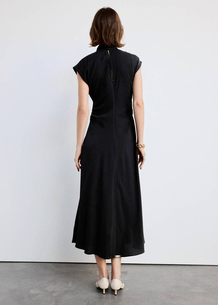 Gathered funnel neck dress — Black
