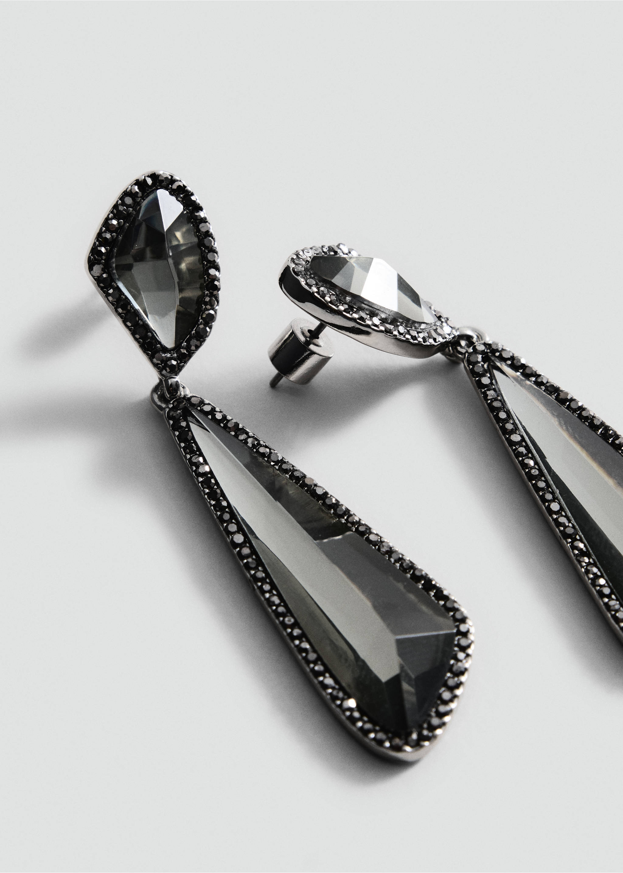 Crystal drop earrings in dark metallic settings with encrusted small stones., Silver. Ref: 37017800-00.