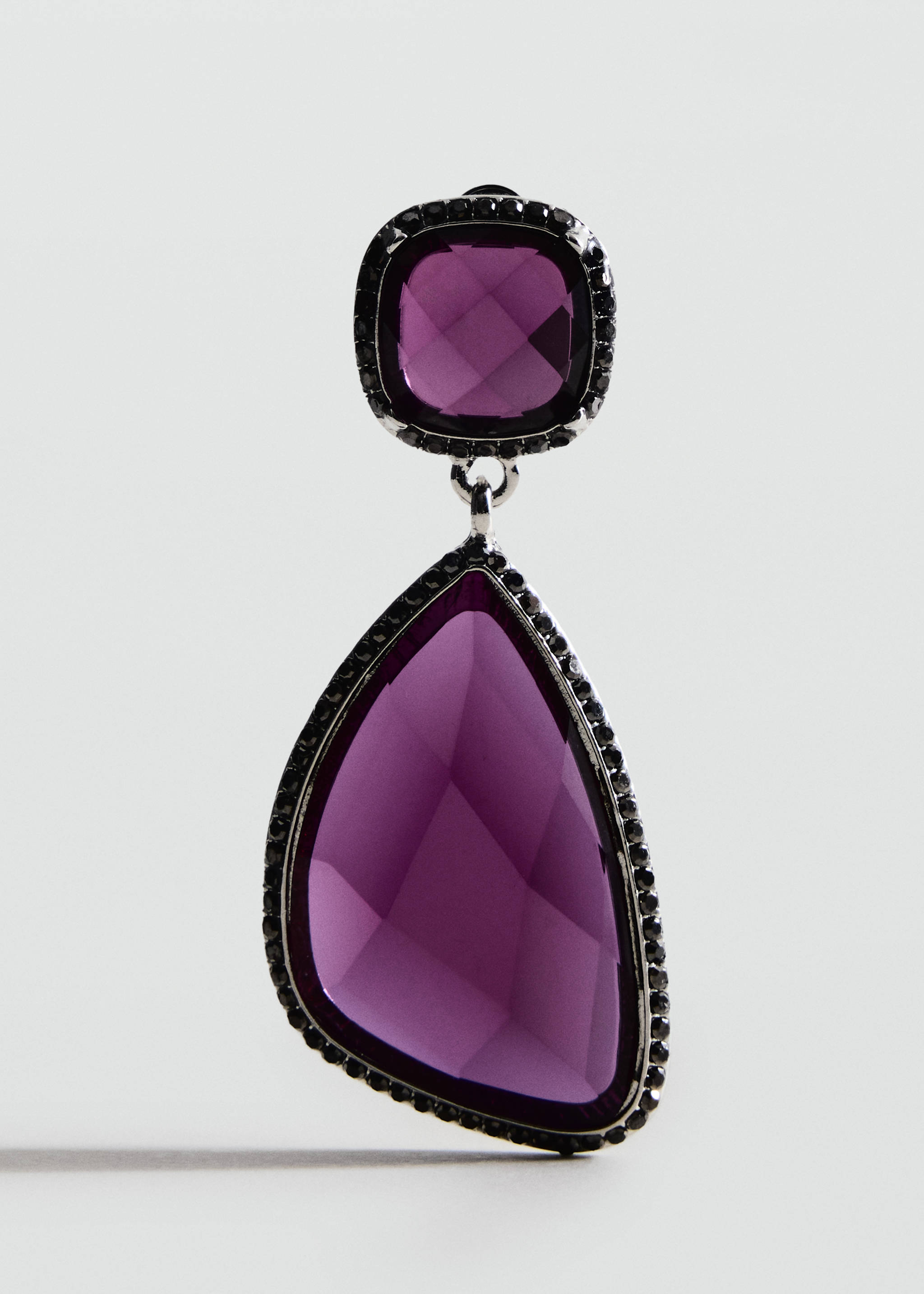 Purple faceted stone drop earring with black crystal trim.