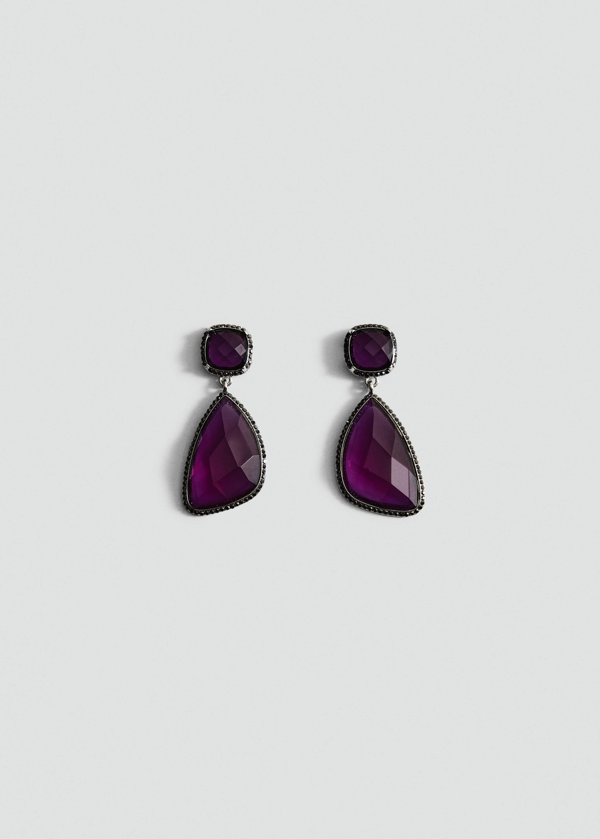 Purple faceted drop earrings with square and asymmetrical teardrop stones.