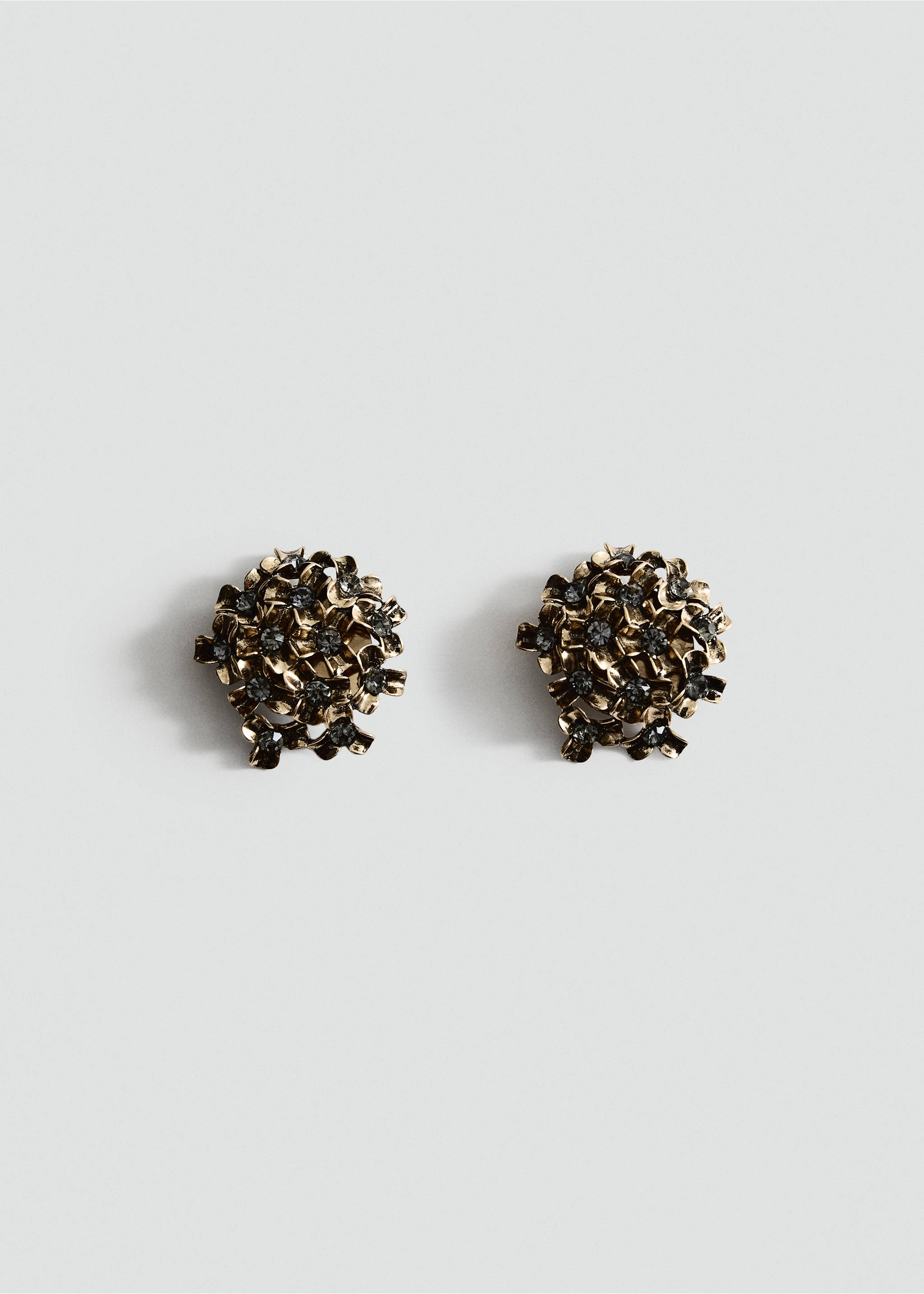 Gold-toned metallic earrings with clustered floral elements and dark crystals., Grey. Ref: 37017803-00.