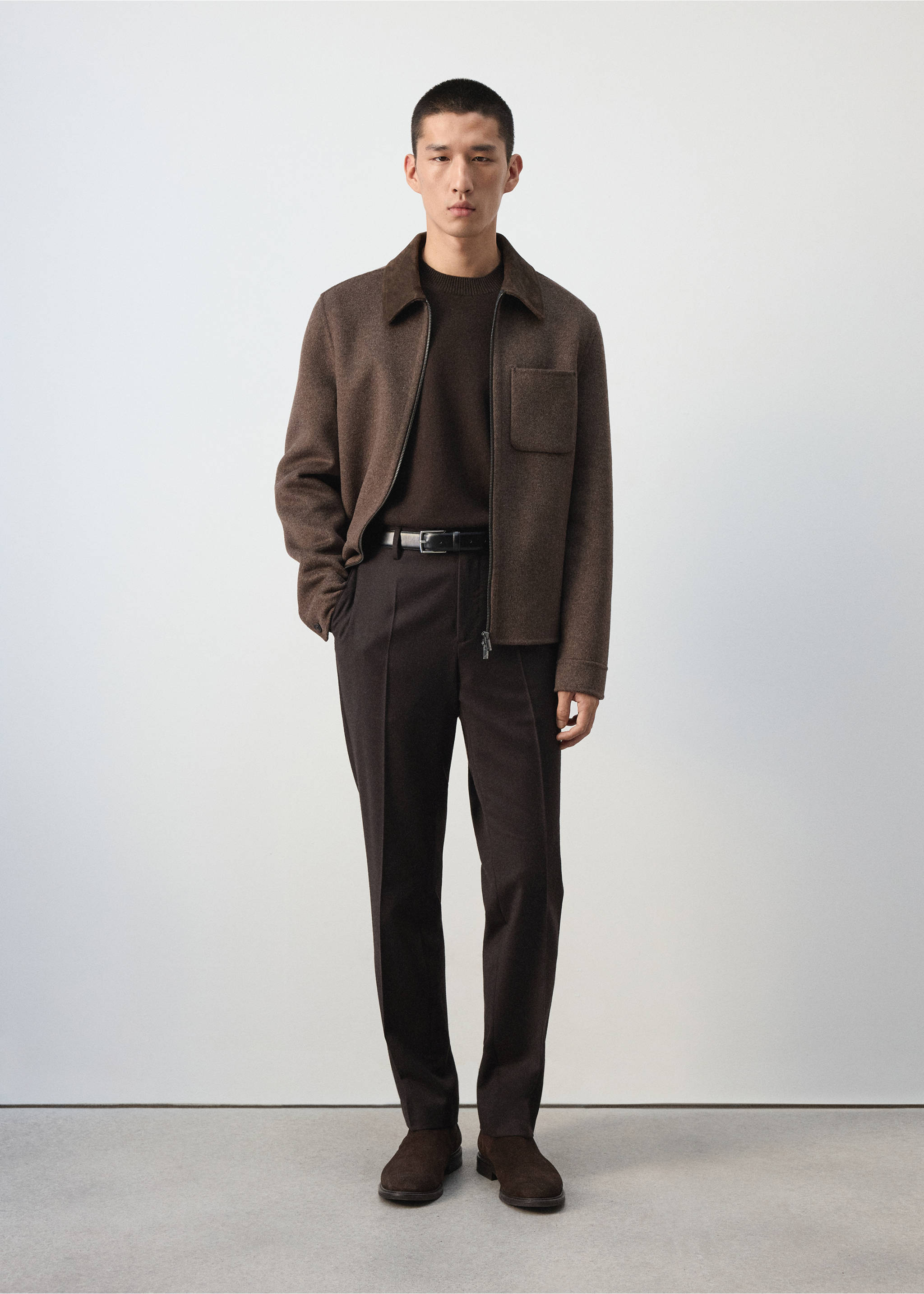 Dark brown trousers worn with a matching dark brown jacket, sweater and belt., Brown. Ref: 37017886-00.