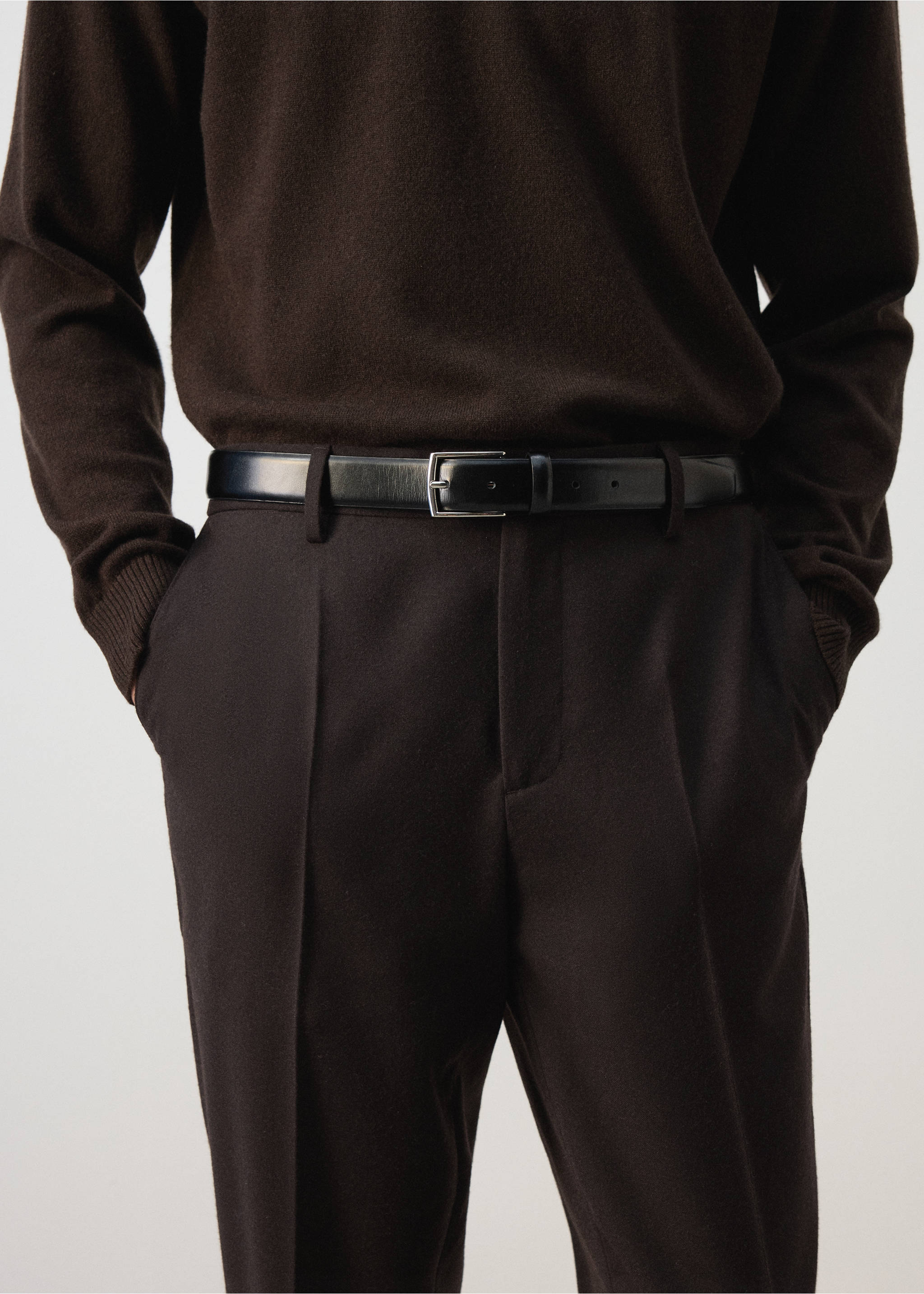 Dark brown trousers with a black leather belt and silver buckle., Brown. Ref: 37017886-00.