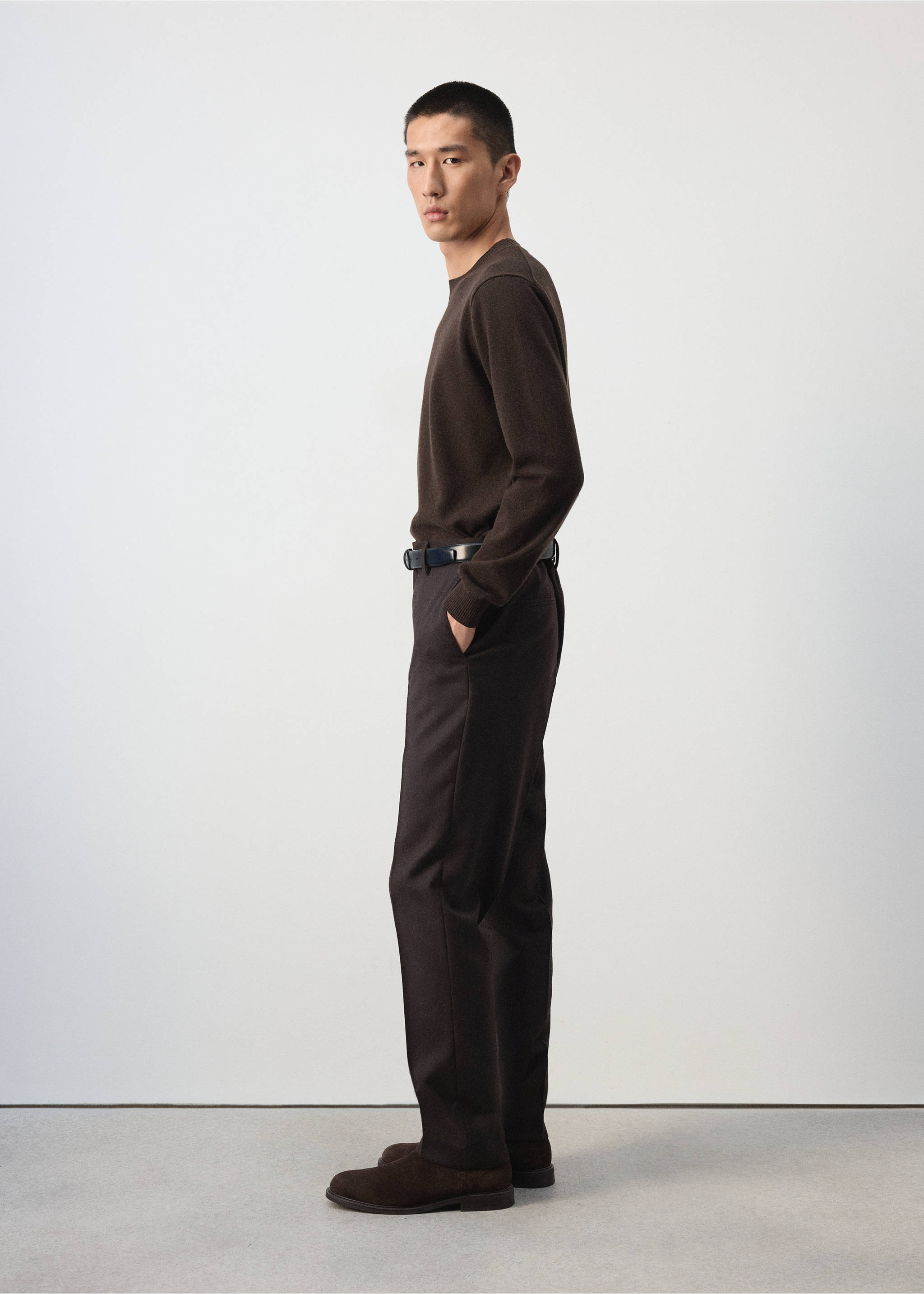 Dark brown trousers worn with a matching crew-neck jumper., Brown. Ref: 37017886-00.
