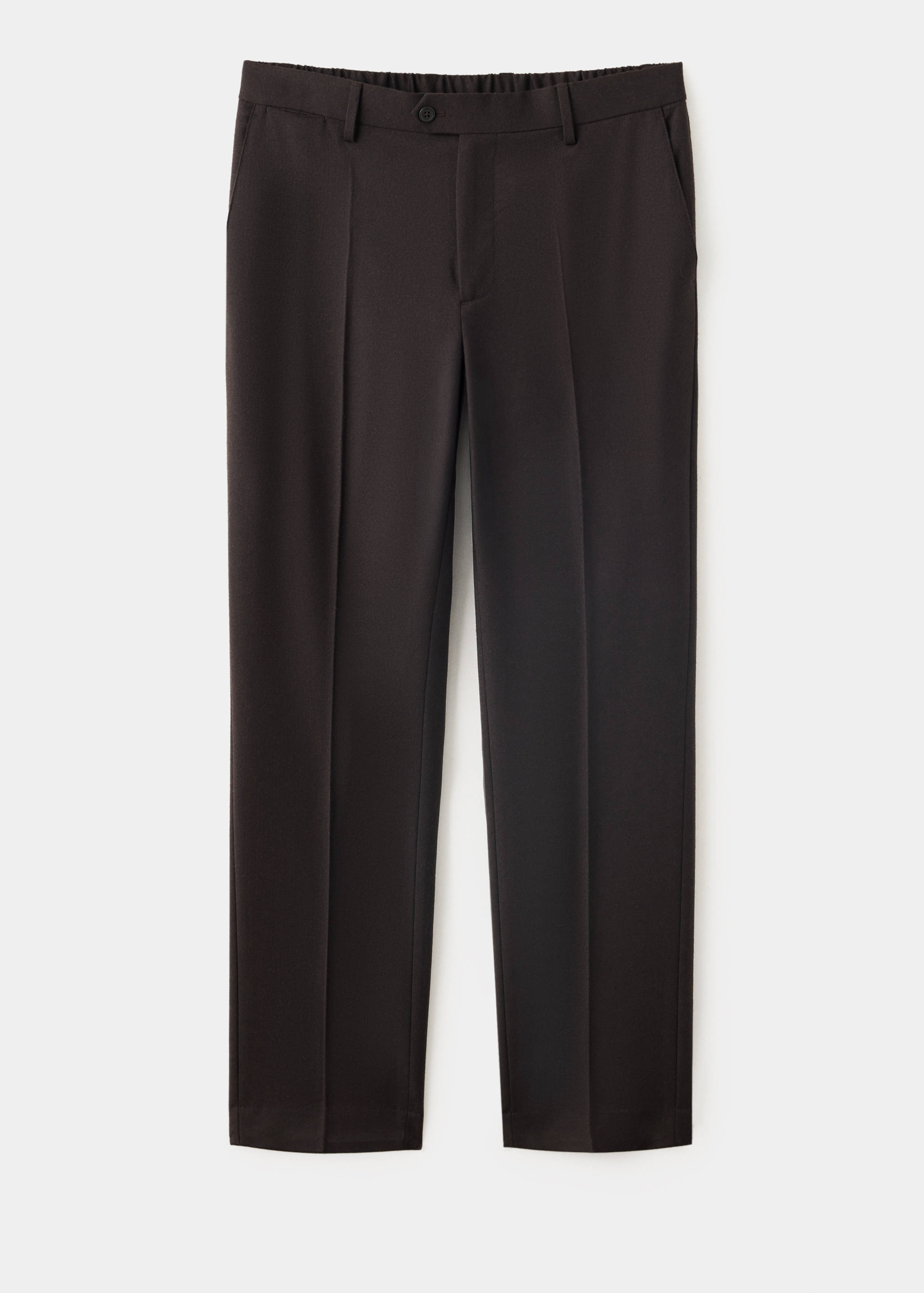Dark brown tailored trousers with straight legs and belt loops.