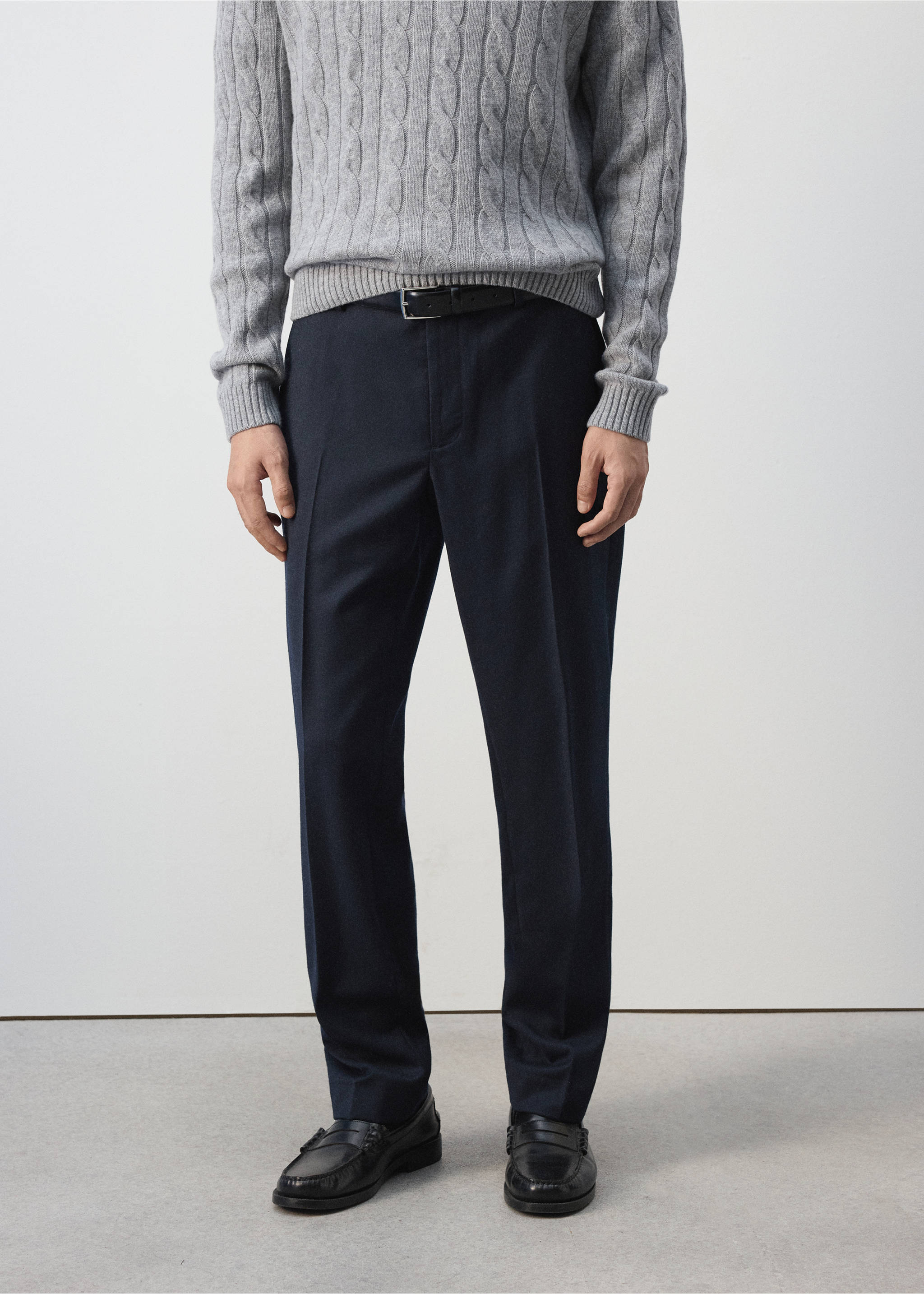 Navy blue straight-leg trousers with pressed creases., Navy. Ref: 37017886-00.