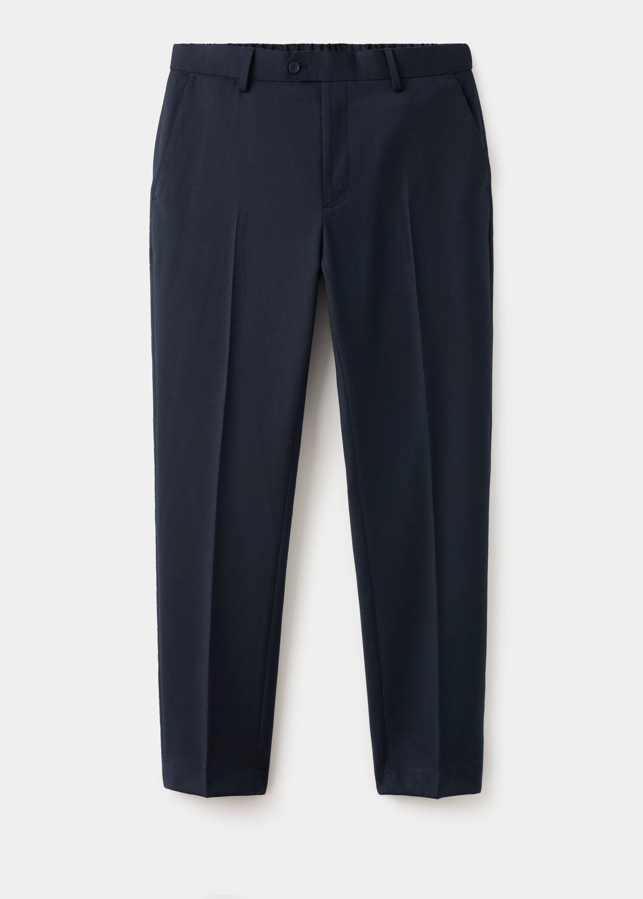 Dark navy blue men's trousers with belt loops and pressed creases.