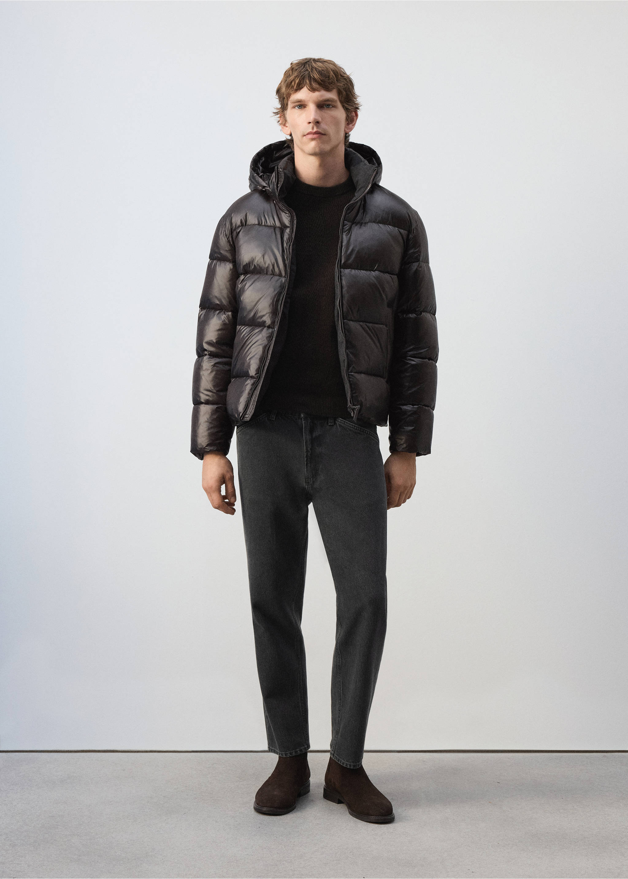 Dark, shiny, quilted hooded anorak worn with dark trousers., Coffee. Ref: 37017892-00.