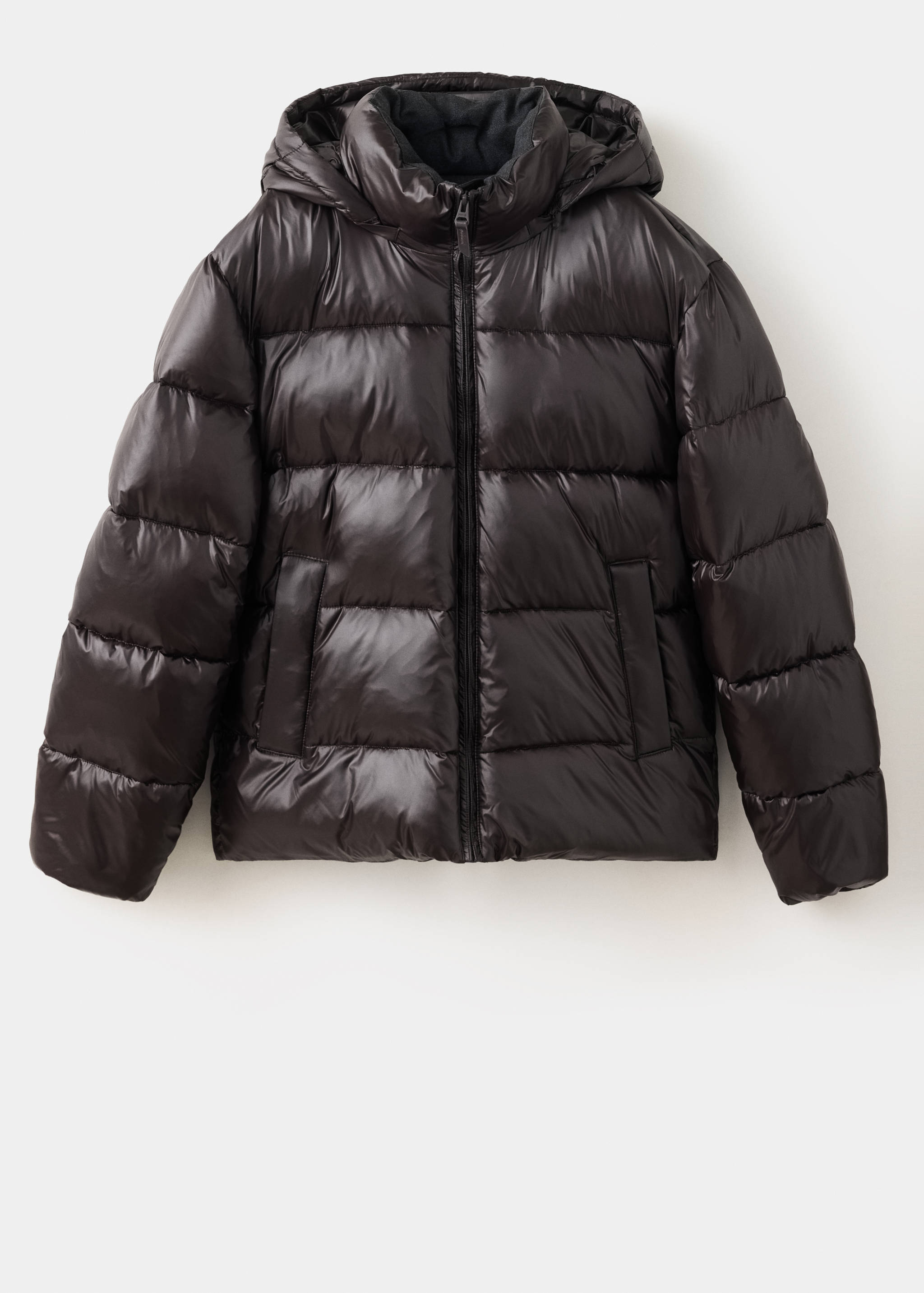 Dark brown shiny puffer anorak with a hood and zip fastening.
