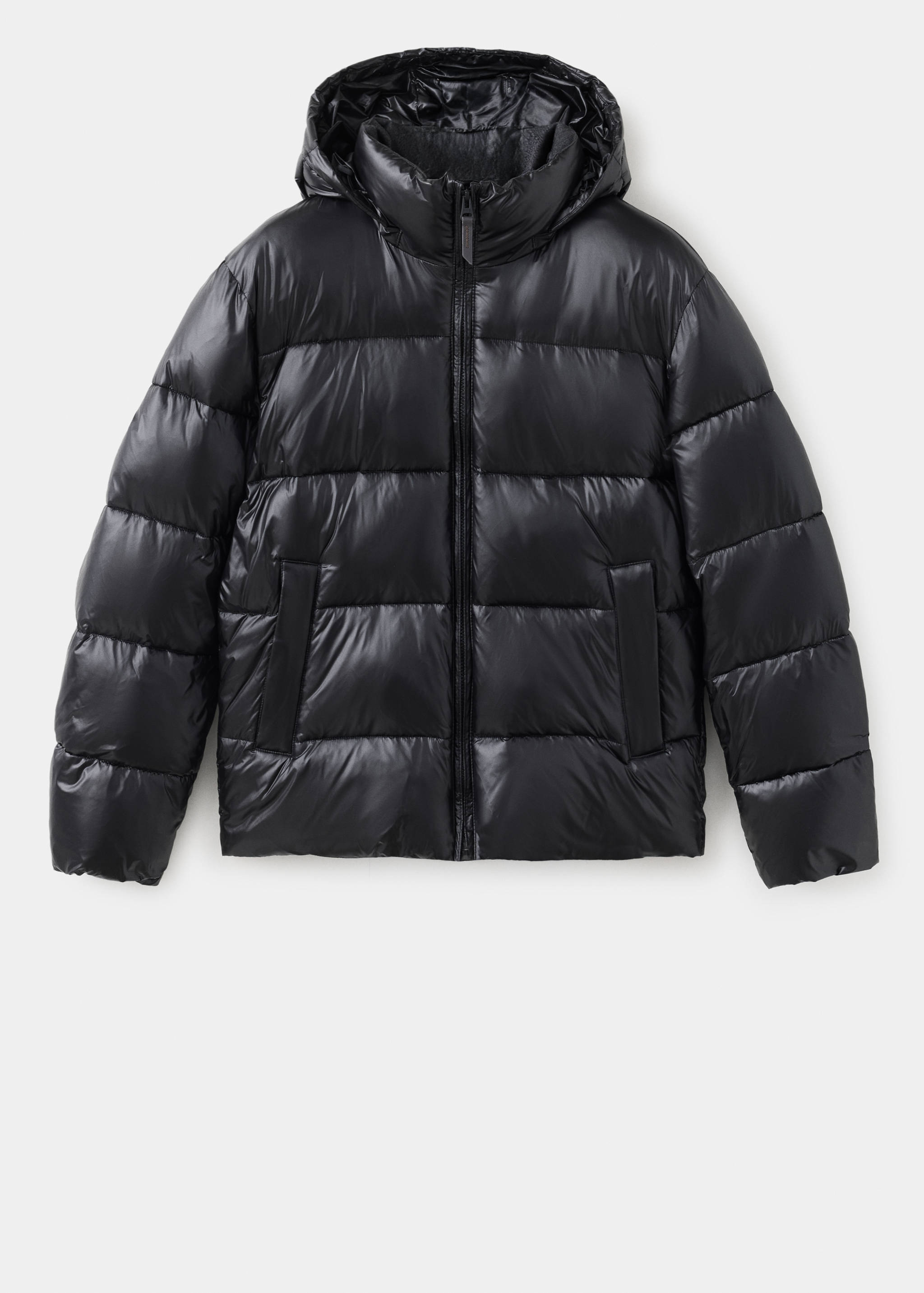 Black quilted anorak jacket with a high neck, hood, and front zip.