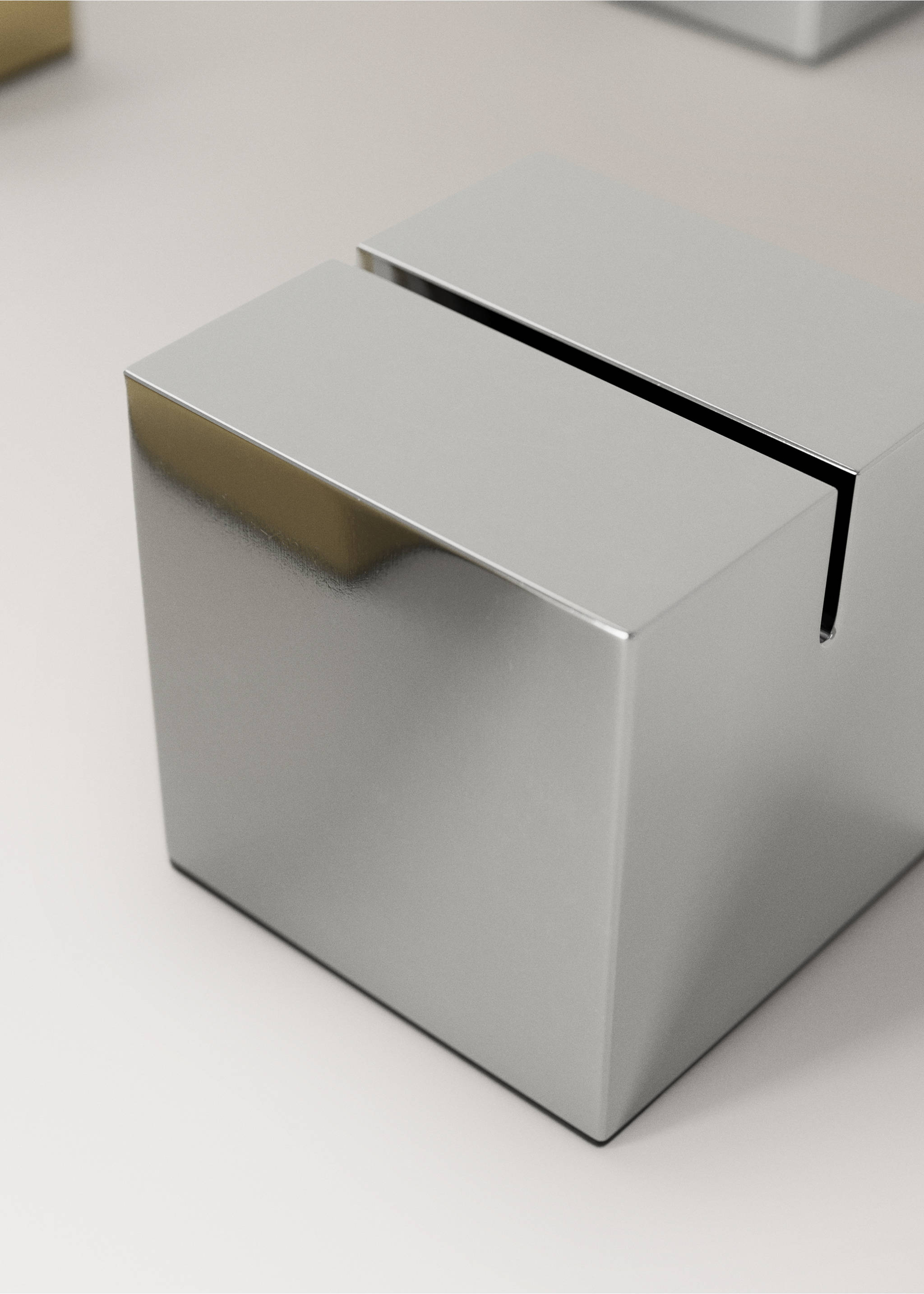 Silver-coloured metal cube card holder with a slot across the top., Silver. Ref: 37017893-00.