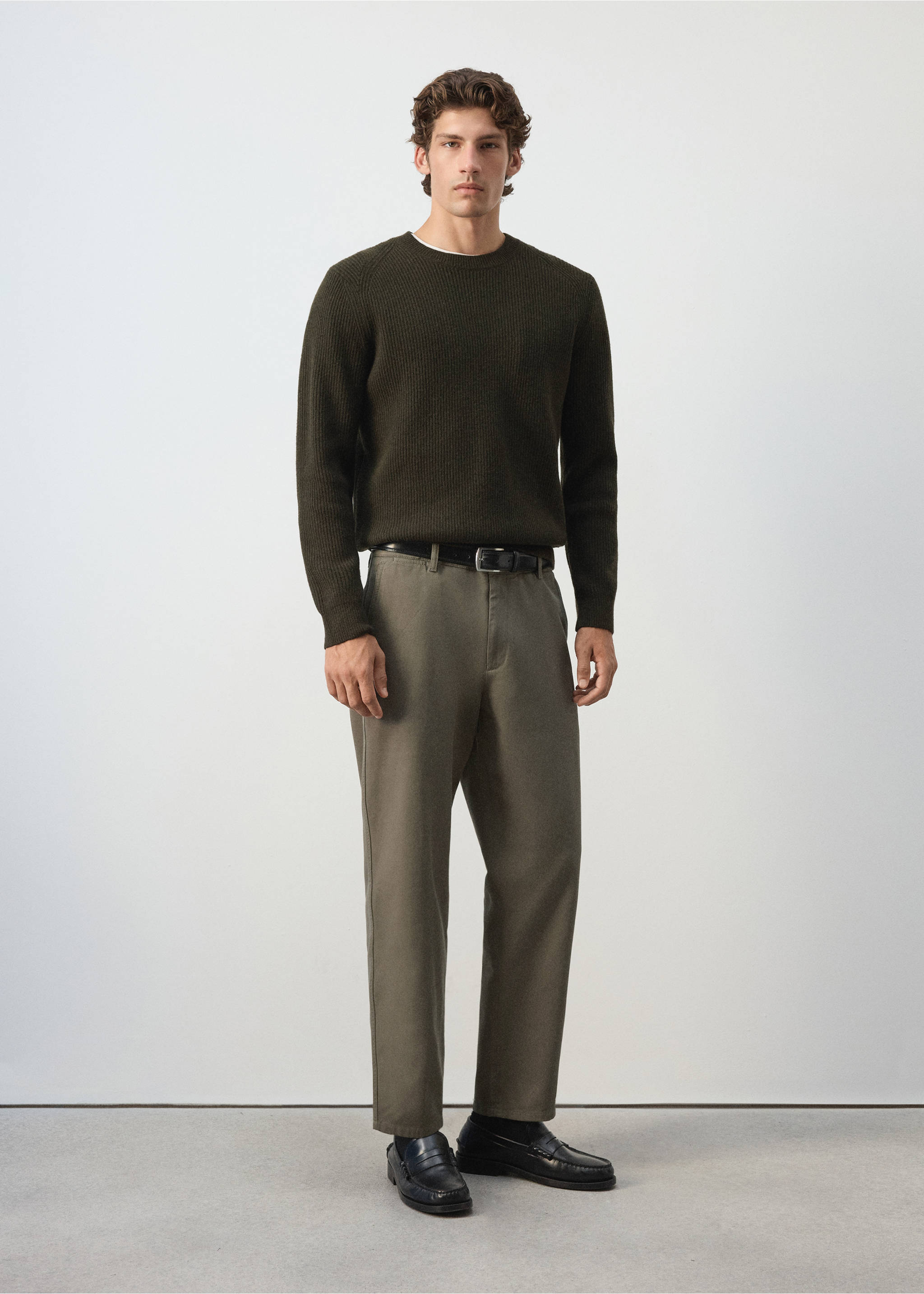 Olive green straight-leg trousers, worn with a dark green sweater and black belt., Medium Brown. Ref: 37017905-00.