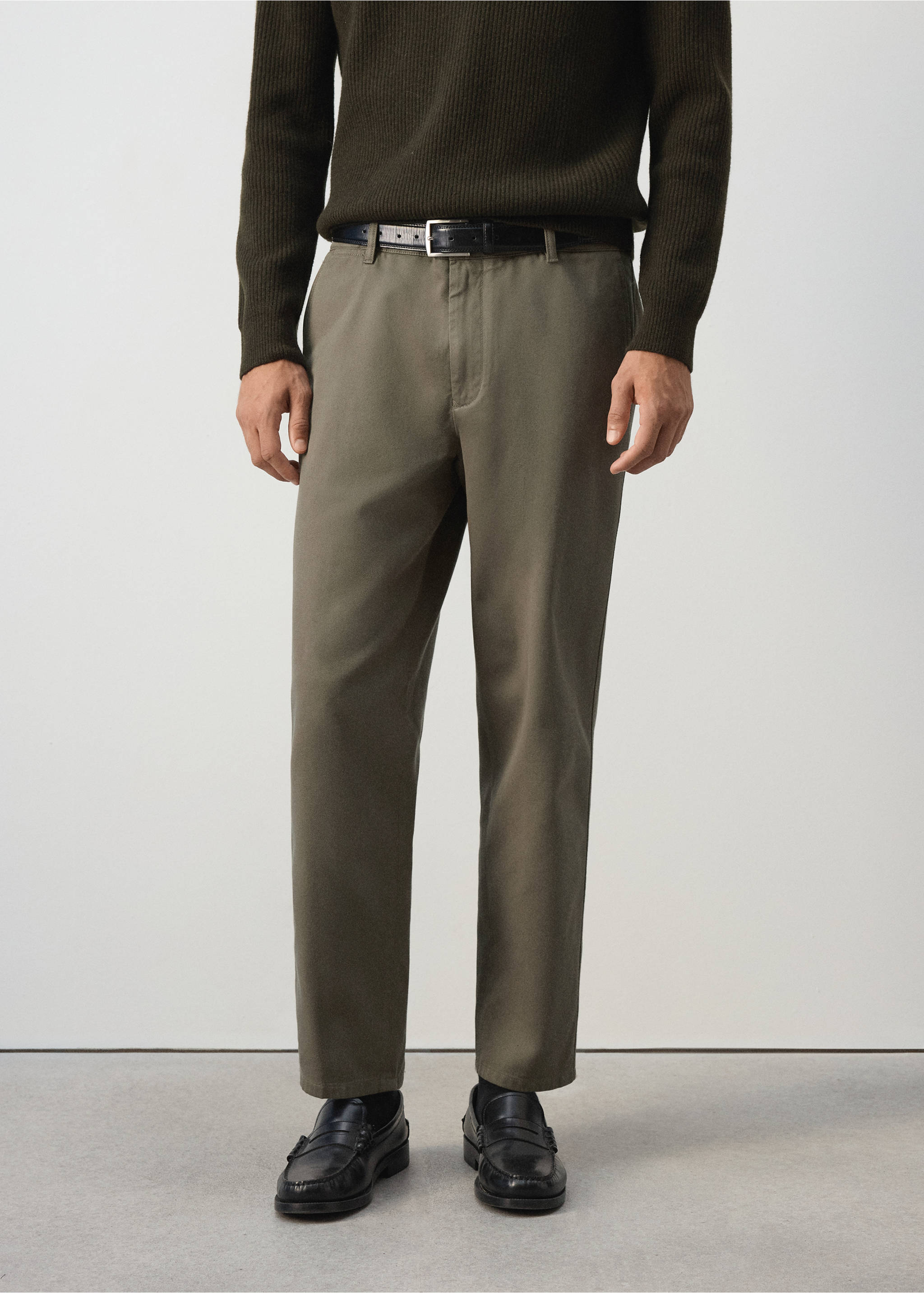 Khaki-green straight-leg trousers with belt loops and a zipped fly., Medium Brown. Ref: 37017905-00.