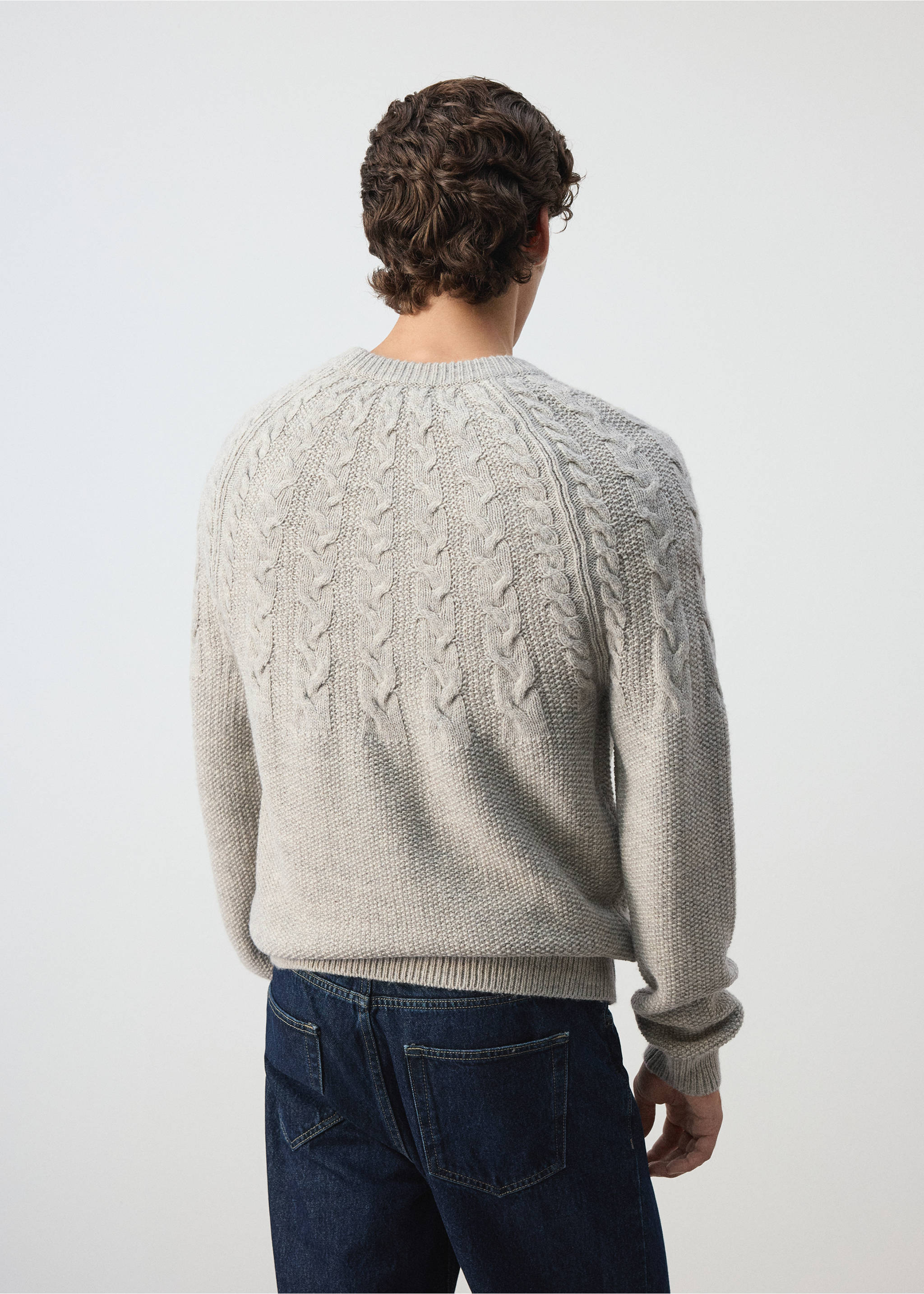 Back view of a light grey knitted jumper with a cable-knit shoulder pattern., Light/Pastel Grey. Ref: 37017911-00.