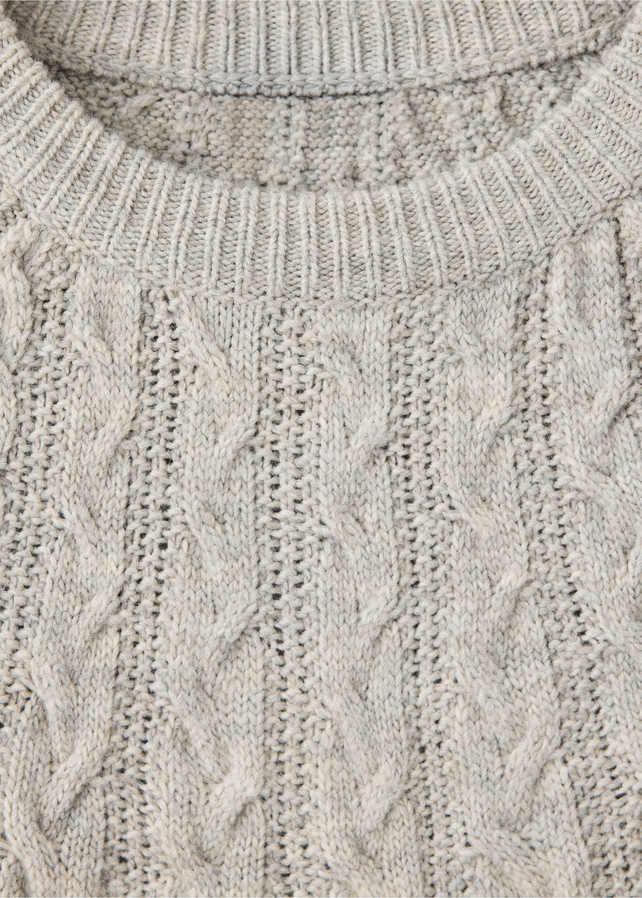 Close-up of a light grey knit jumper with a ribbed crew neck and cable knit pattern., Light/Pastel Grey. Ref: 37017911-00.