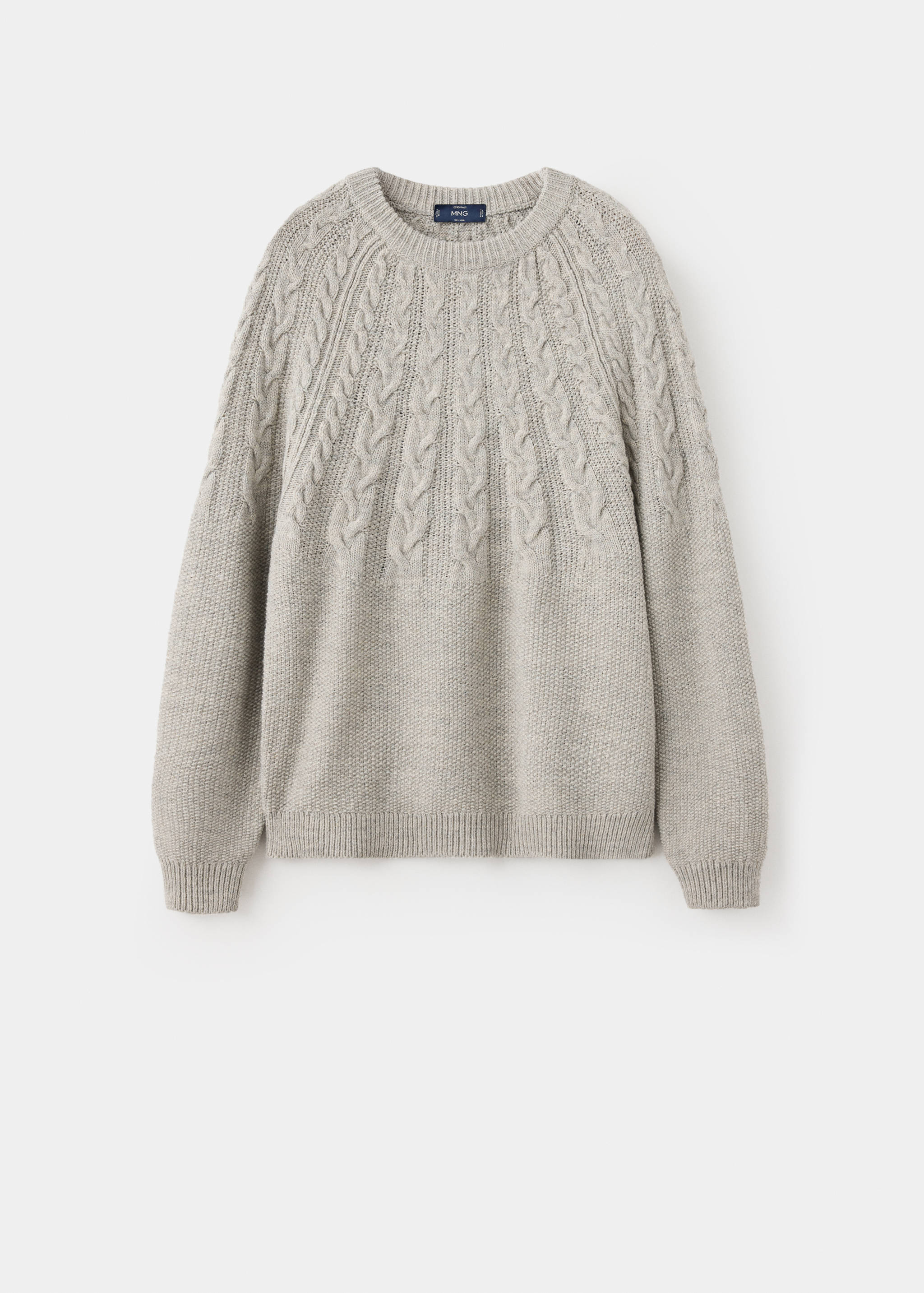 Grey cable-knit crew-neck jumper with ribbed trims