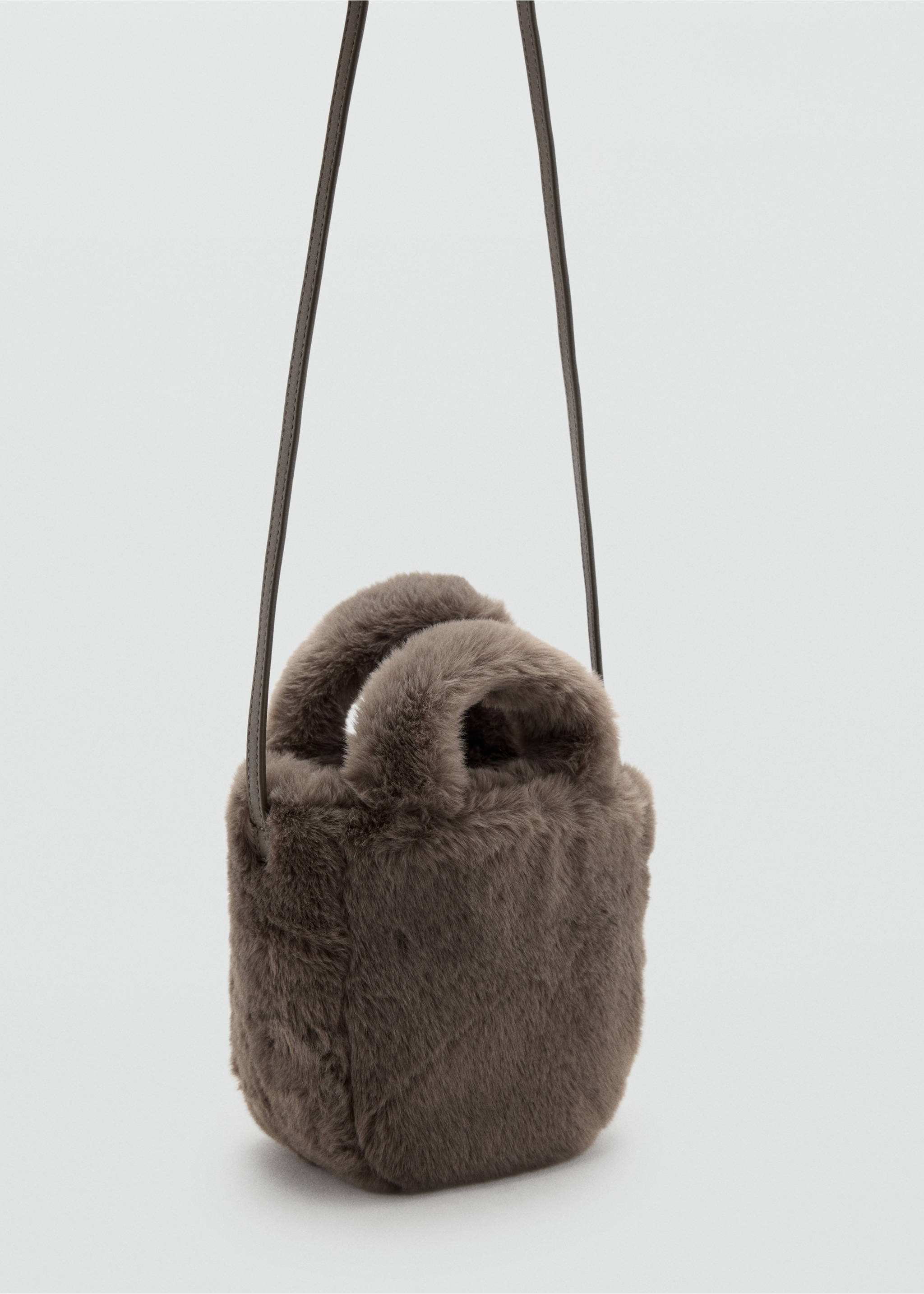 Grey faux-fur mini cross-body bag with top handles., Medium Brown. Ref: 37017913-00.