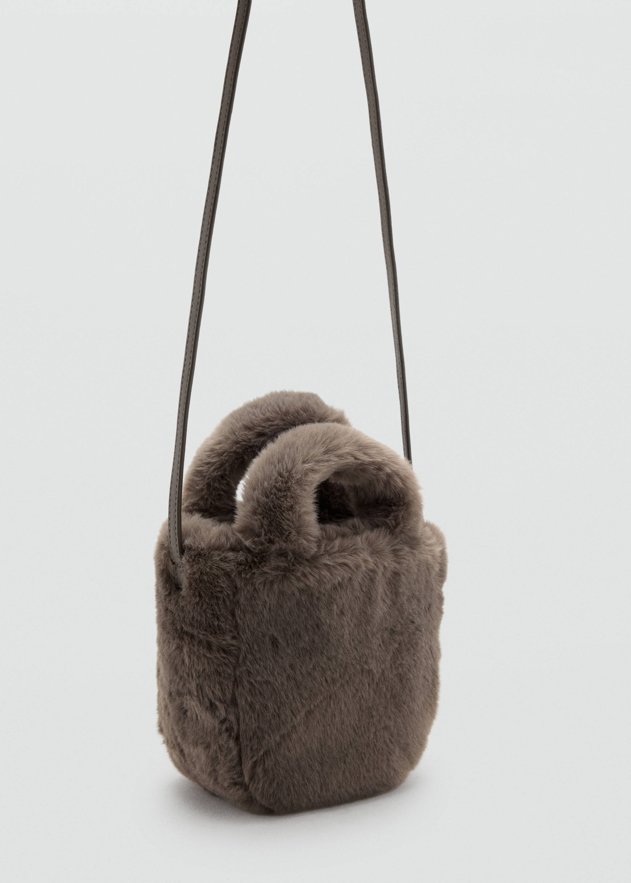 Grey faux-fur mini cross-body bag with top handles.
