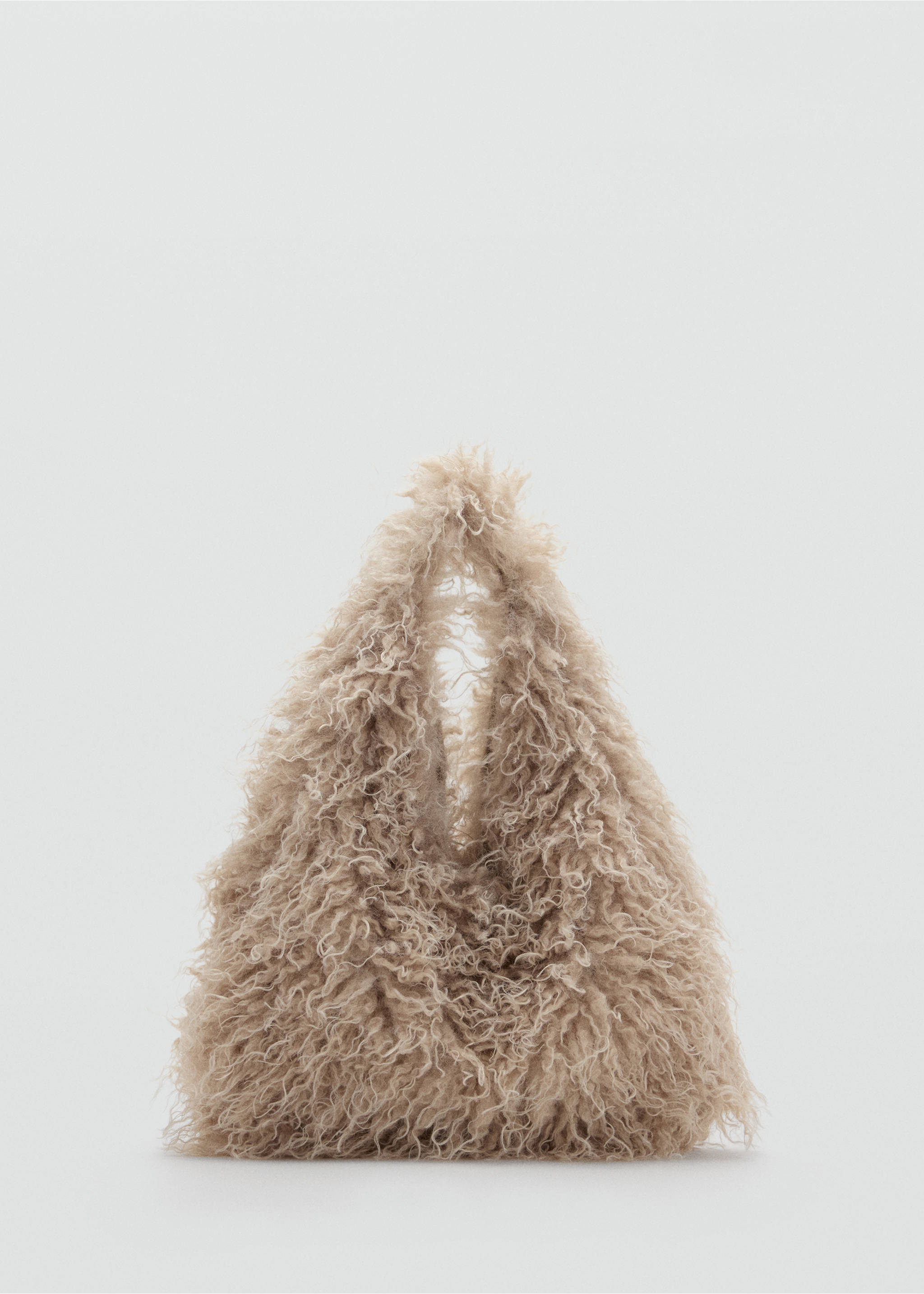 Beige mini handbag in soft, curly faux-fur with a slouchy triangular shape., Sand. Ref: 37017914-00.