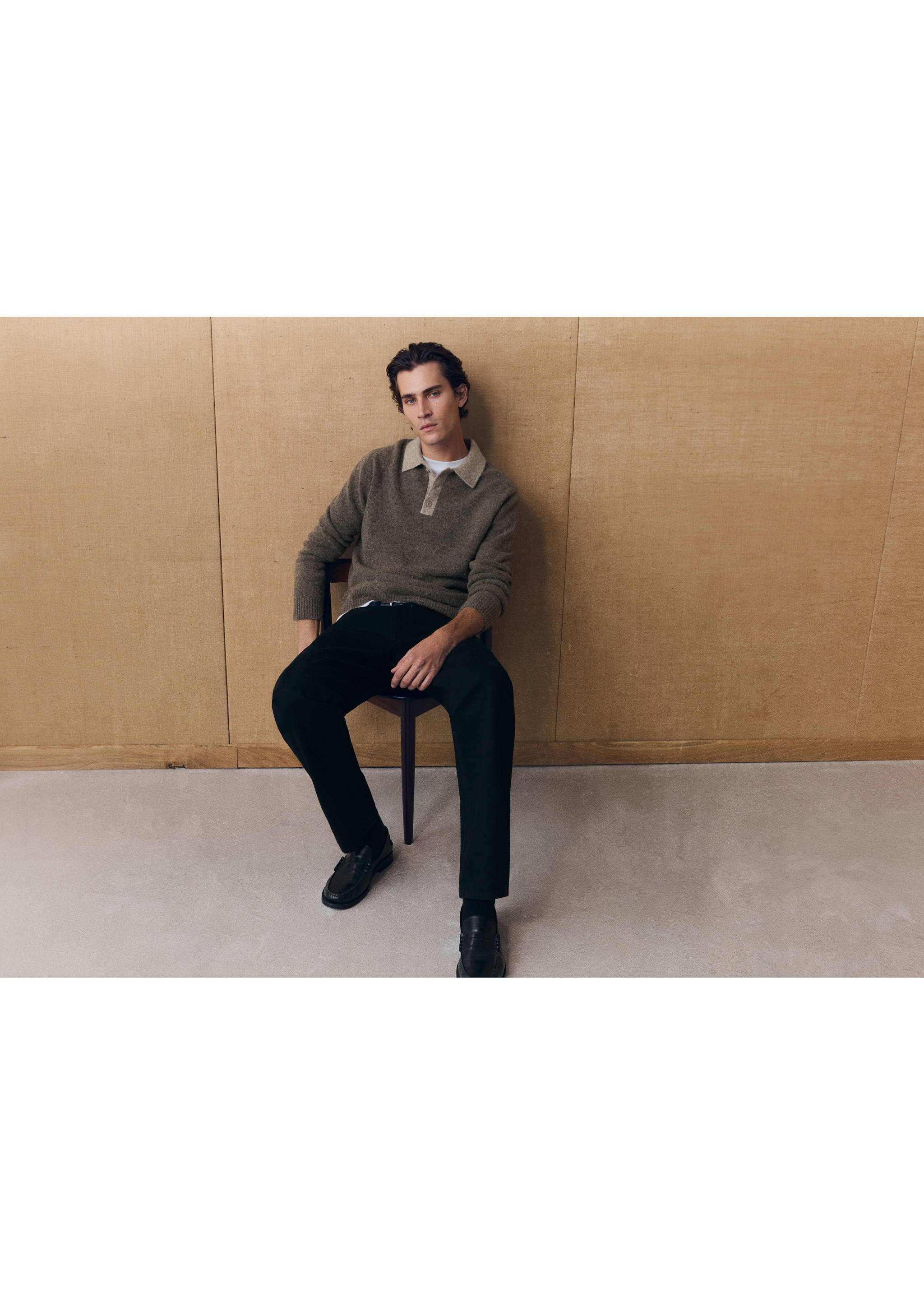 Dark khaki knit polo sweater with a textured collar, worn with dark trousers., Medium Brown. Ref: 37017918-00.