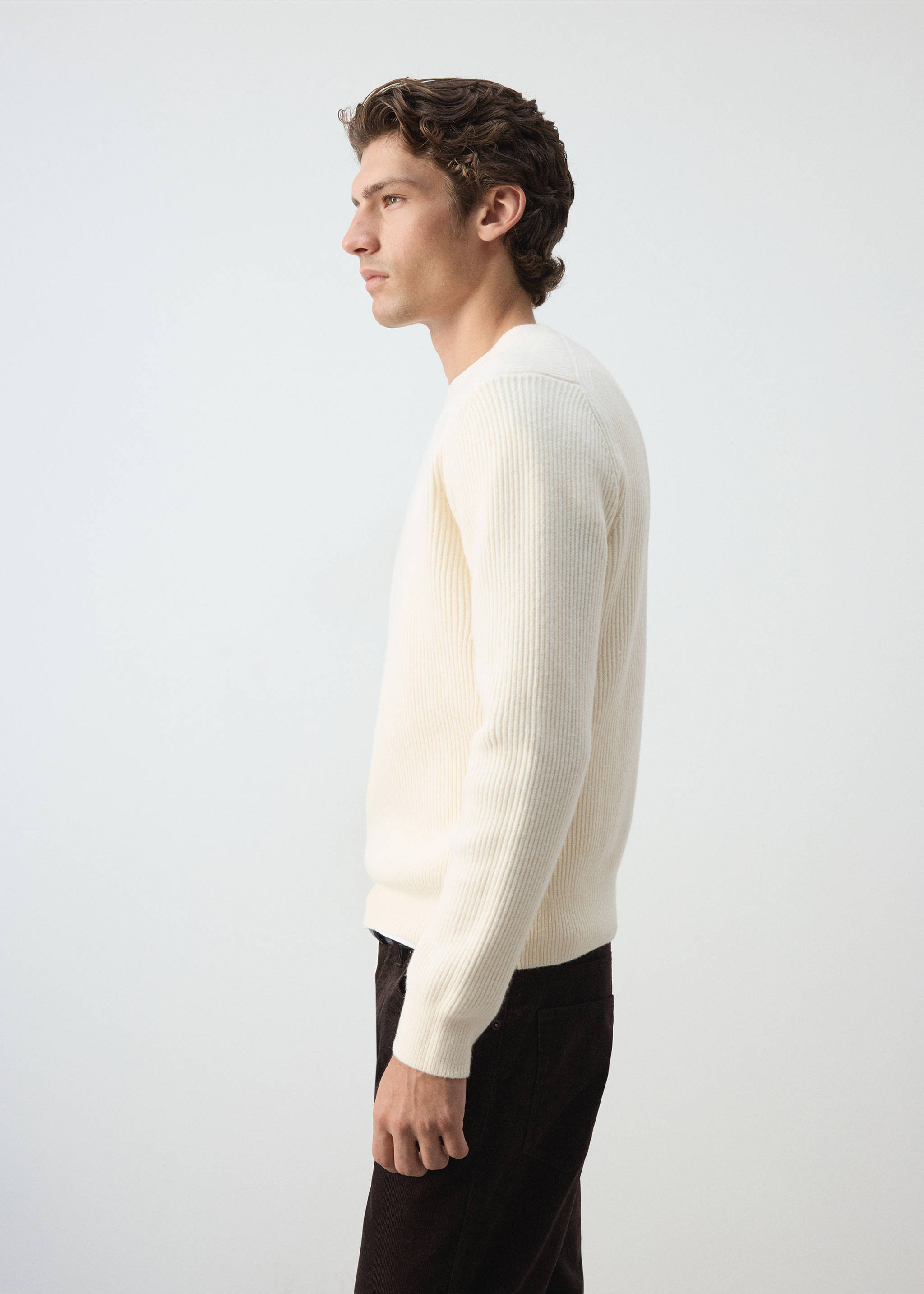 Cream ribbed knit crew-neck jumper in a side view., Off White. Ref: 37017919-00.