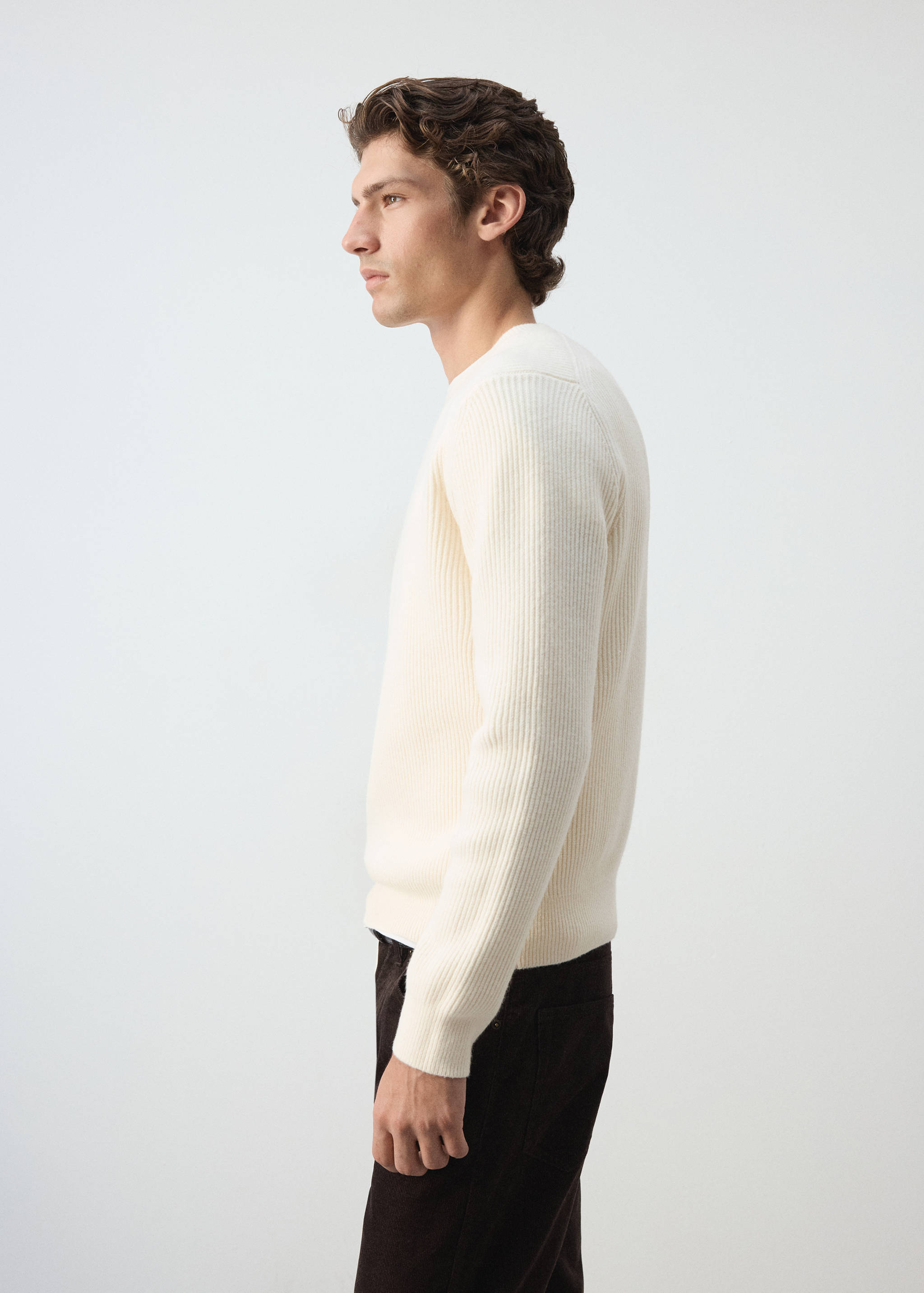Cream ribbed knit crew-neck jumper in a side view.