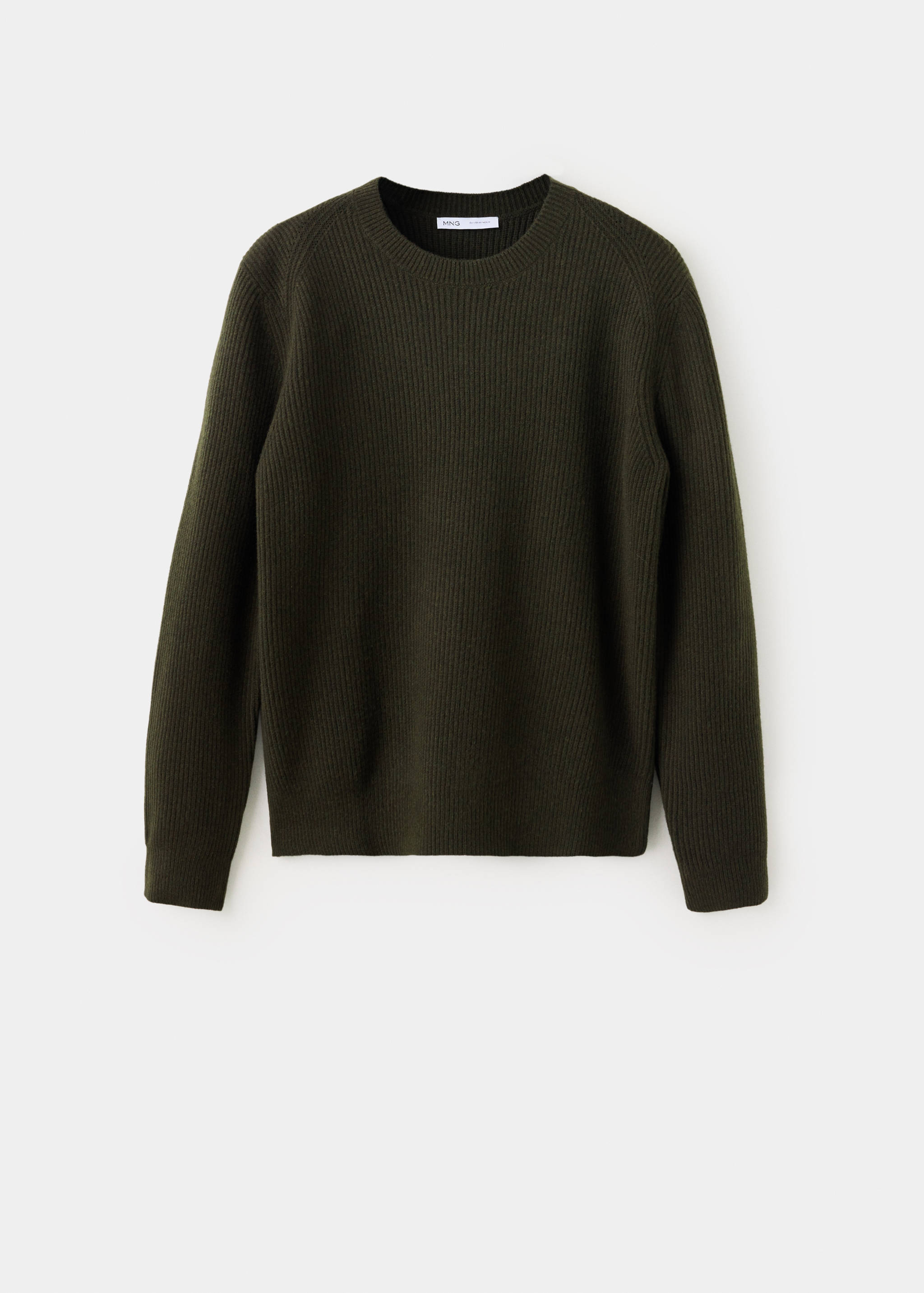 Dark green crew neck jersey sweater in a fine ribbed knit.