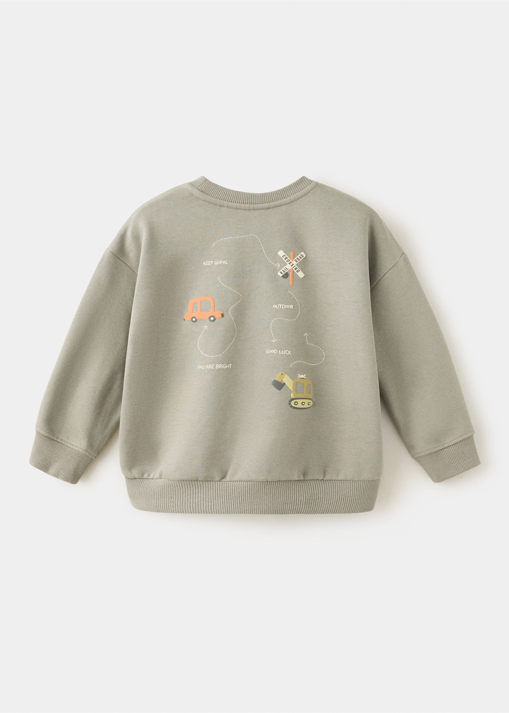 Khaki green children's sweatshirt with back graphic print and ribbed trim., Dark Green. Ref: 37017920-00.