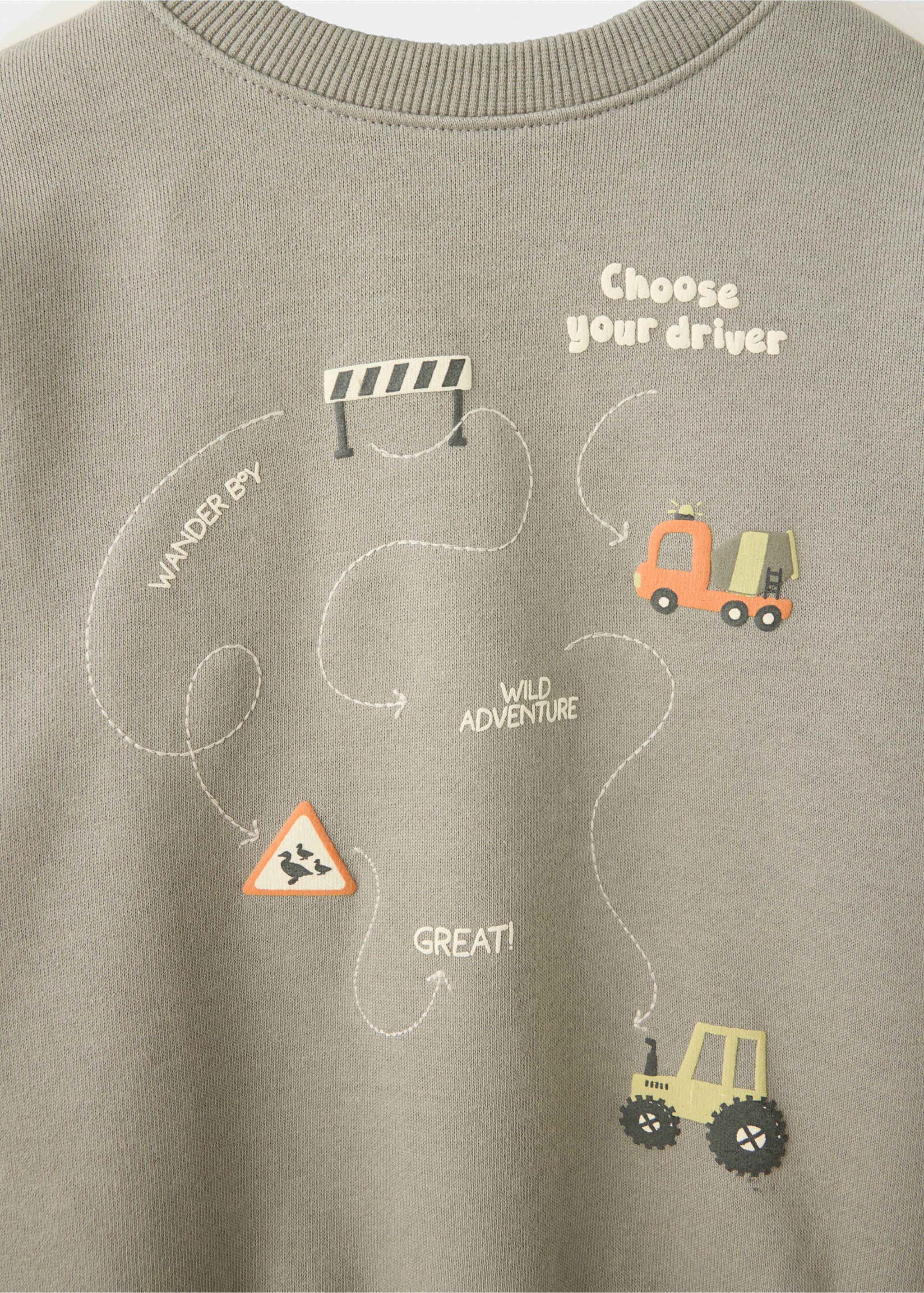 Greyish-green children's sweatshirt with graphic prints and embroidered trail., Dark Green. Ref: 37017920-00.