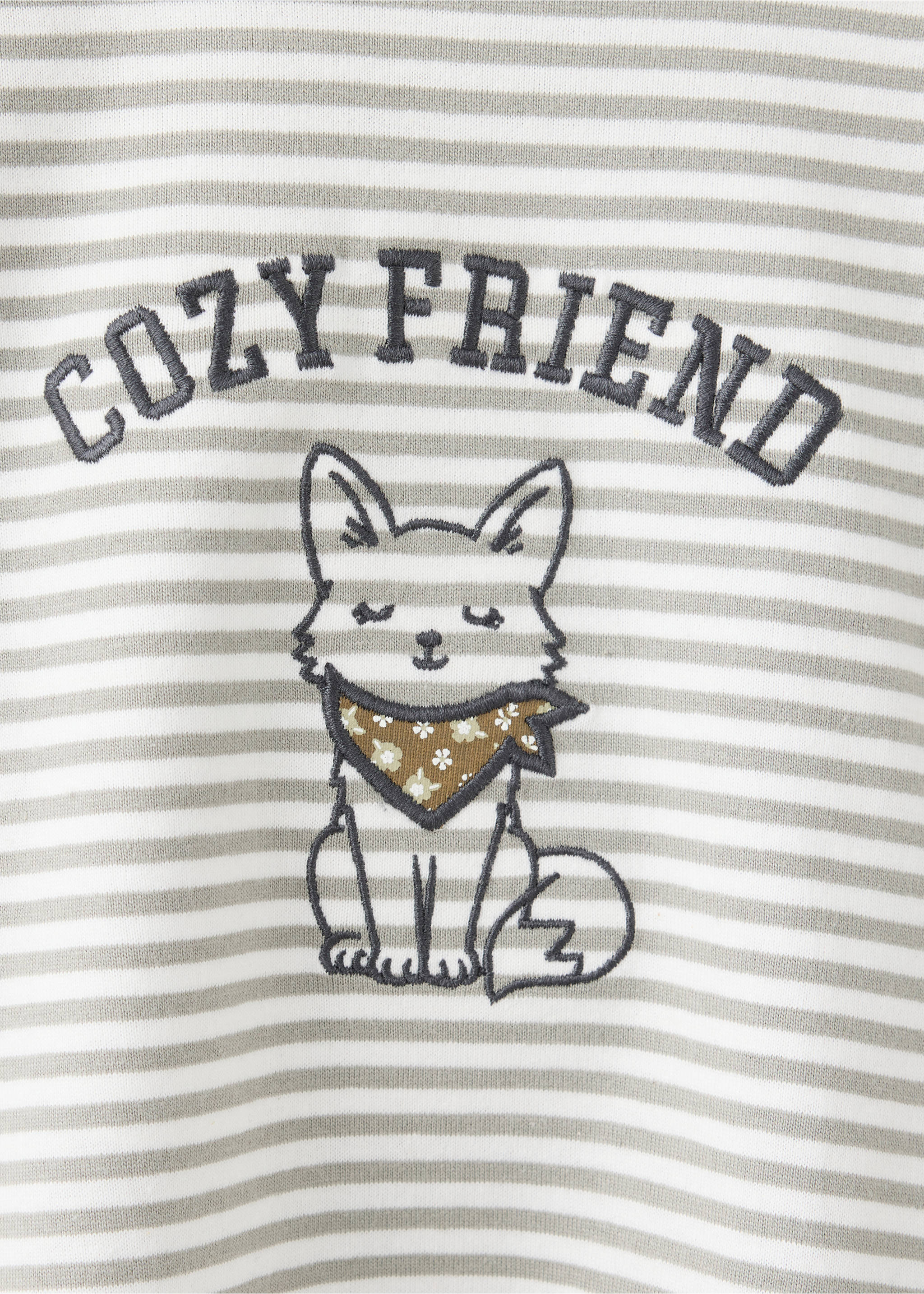 Close-up of a striped children's t-shirt featuring an embroidered fox graphic and COZY FRIEND text., Off White. Ref: 37017922-00.