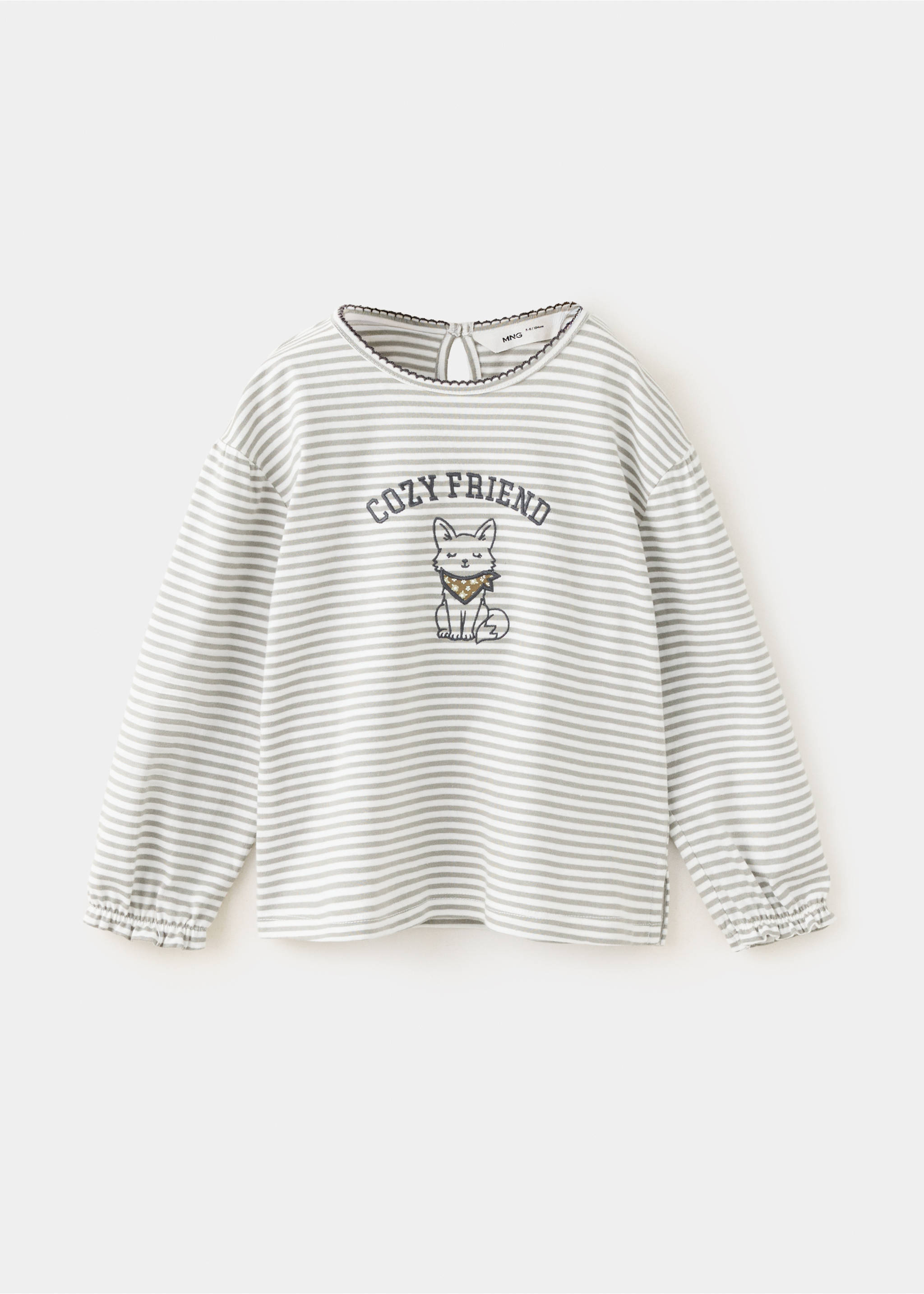 Green and white striped kids' long-sleeve t-shirt with a cat graphic and scalloped neckline., Off White. Ref: 37017922-00.