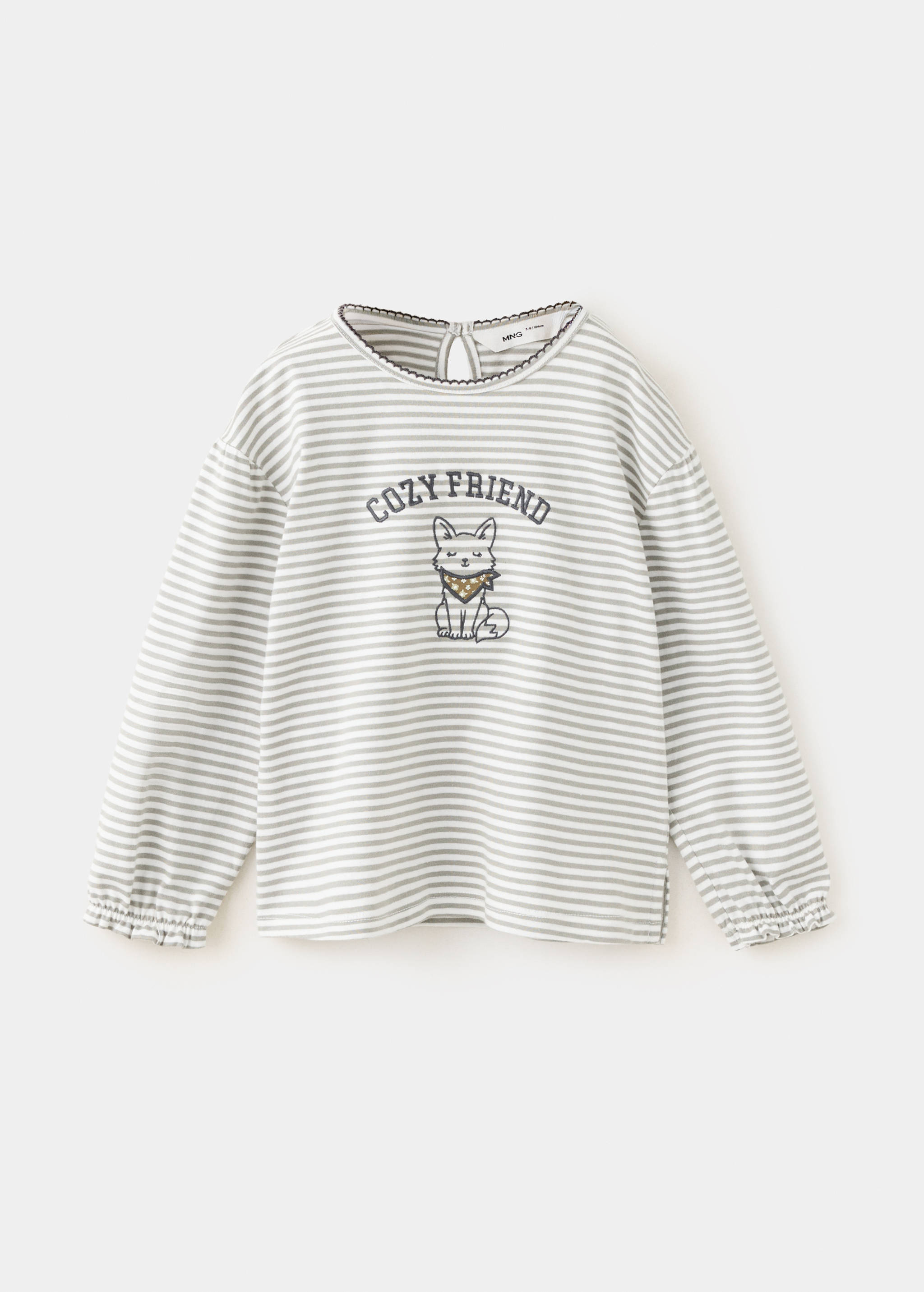 Green and white striped kids' long-sleeve t-shirt with a cat graphic and scalloped neckline.