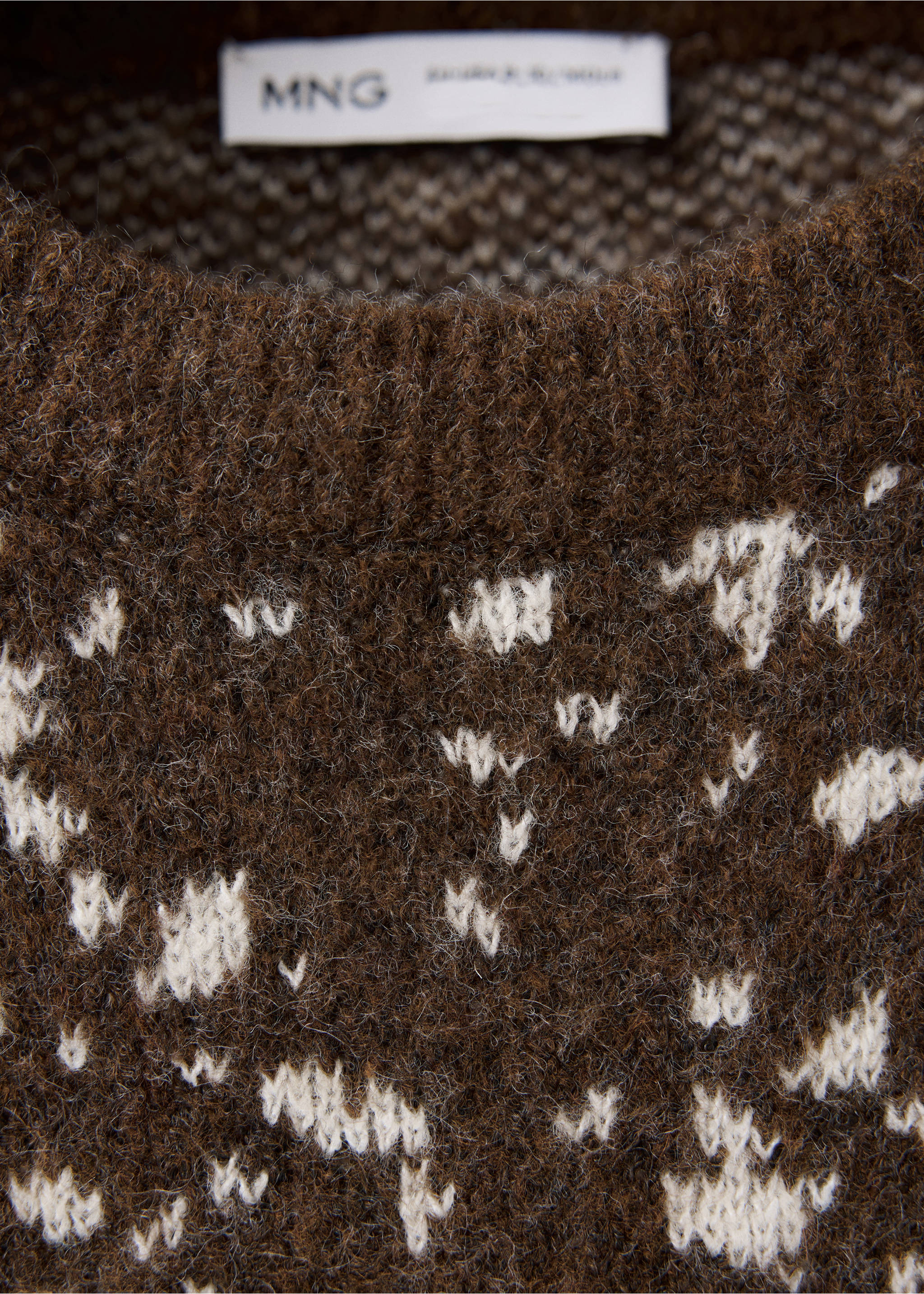 Brown knitted children's sweater detail with a fuzzy texture and white pattern., Medium Brown. Ref: 37017925-00.